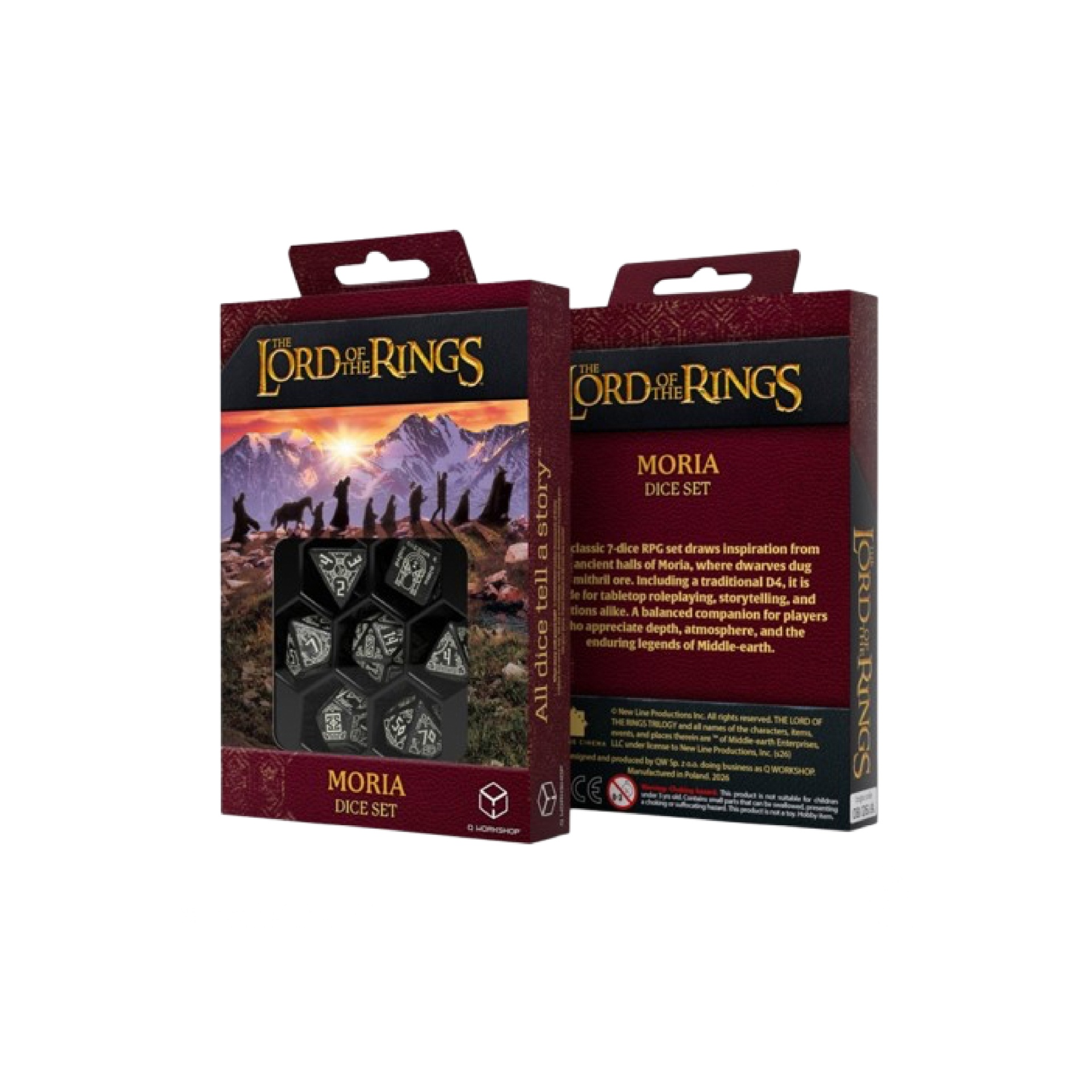 Q-workshop - Dice Set - The Lord of the Rings: Moria - Glow in the dark (7pcs) Conjunto de dados Moria The Lord of the Rings em caixa vermelha com detalhes em preto