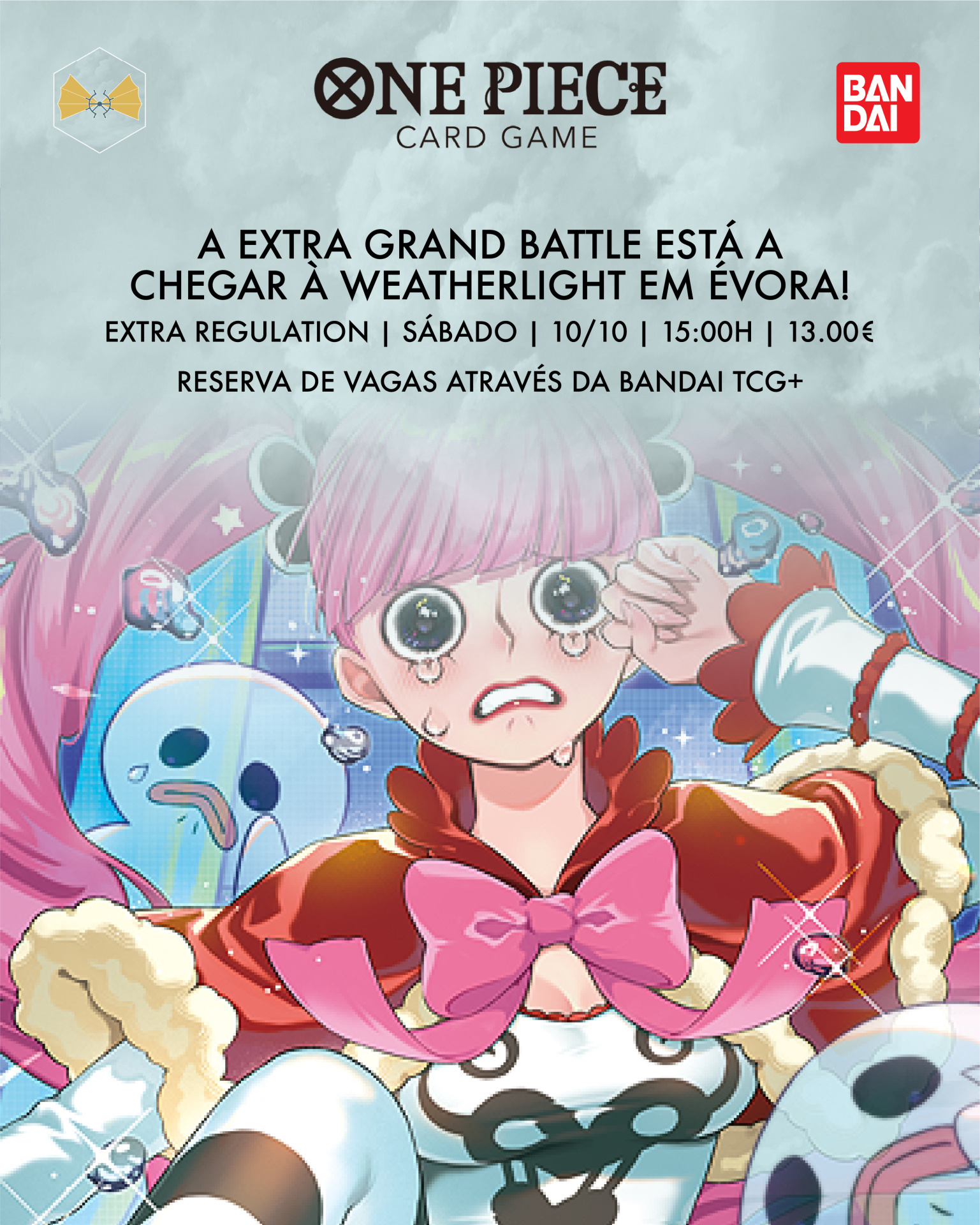 Anúncio do jogo de cartas One Piece com personagem anime rosa e texto em português.
