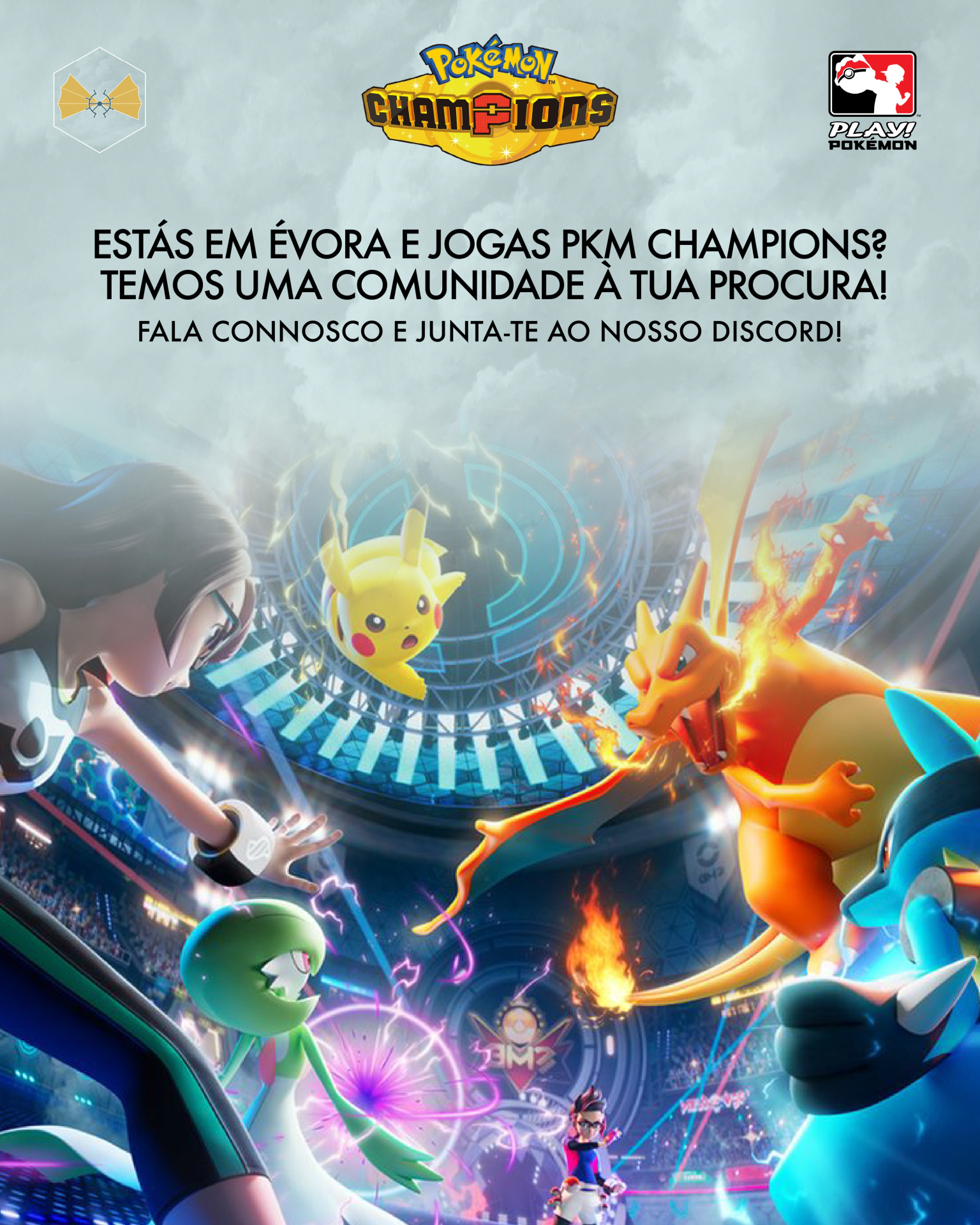Personagens e Pokémon em ação num estádio com texto promocional em português.