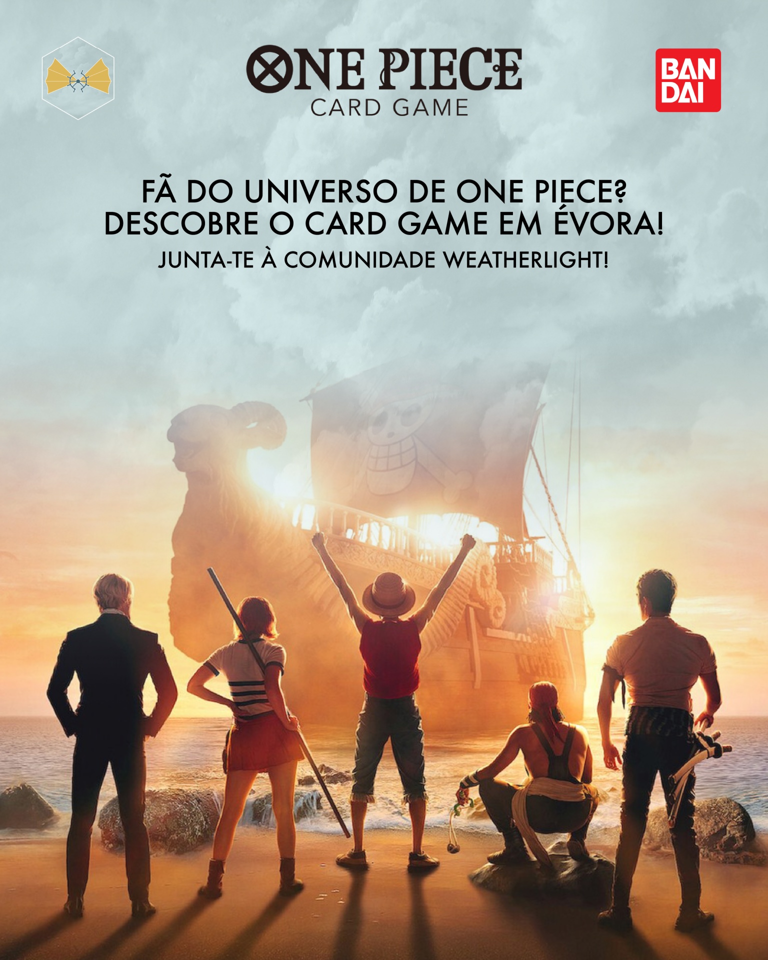 Cartaz promocional One Piece Card Game com personagens e navio ao pôr do sol