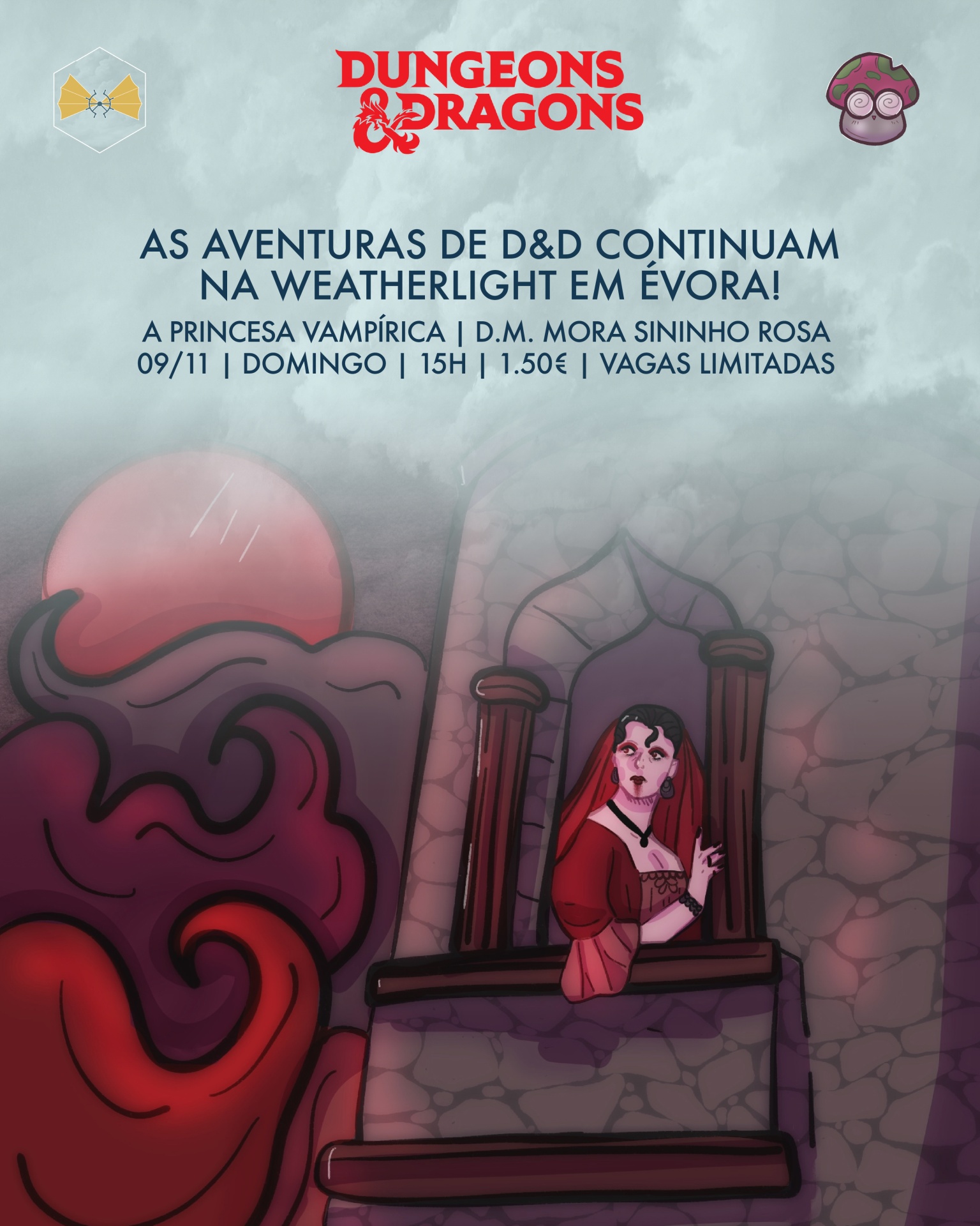 Cartaz de evento Dungeons & Dragons com personagem feminina na janela de pedra e texto informativo.