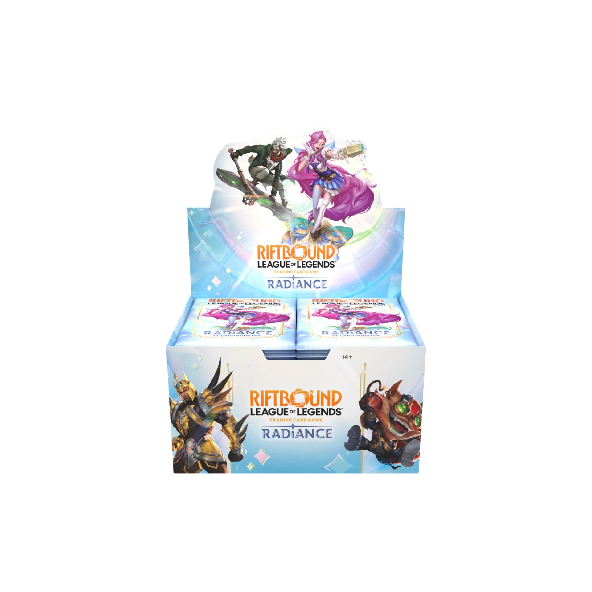 Riftbound: League of Legends TCG - Radiance - Booster Box - EN Embalagens de cartas de jogo League of Legends com personagens coloridos e fundo azul