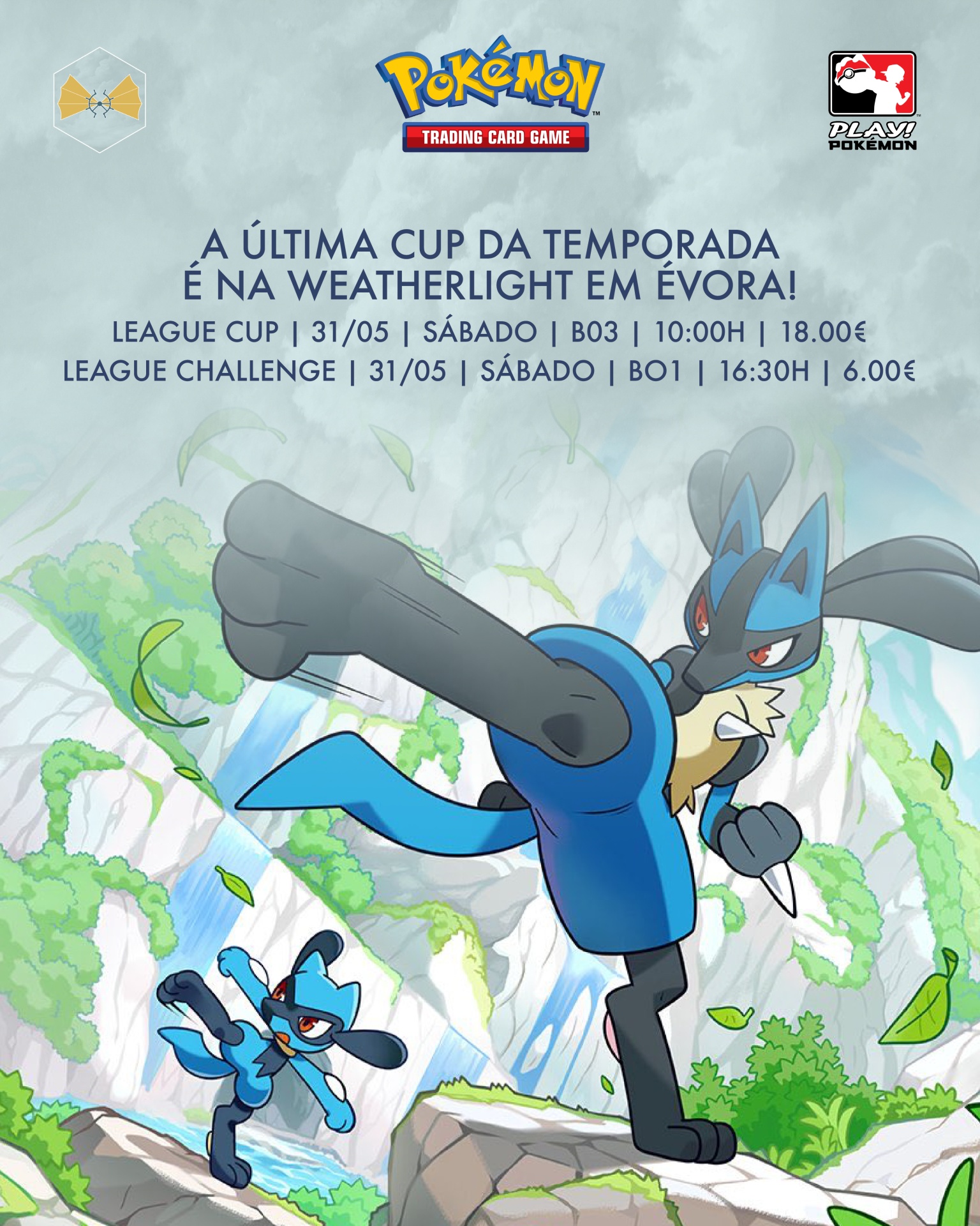 Cartaz promocional do Pokémon Trading Card Game com personagens Lucario em cenário natural