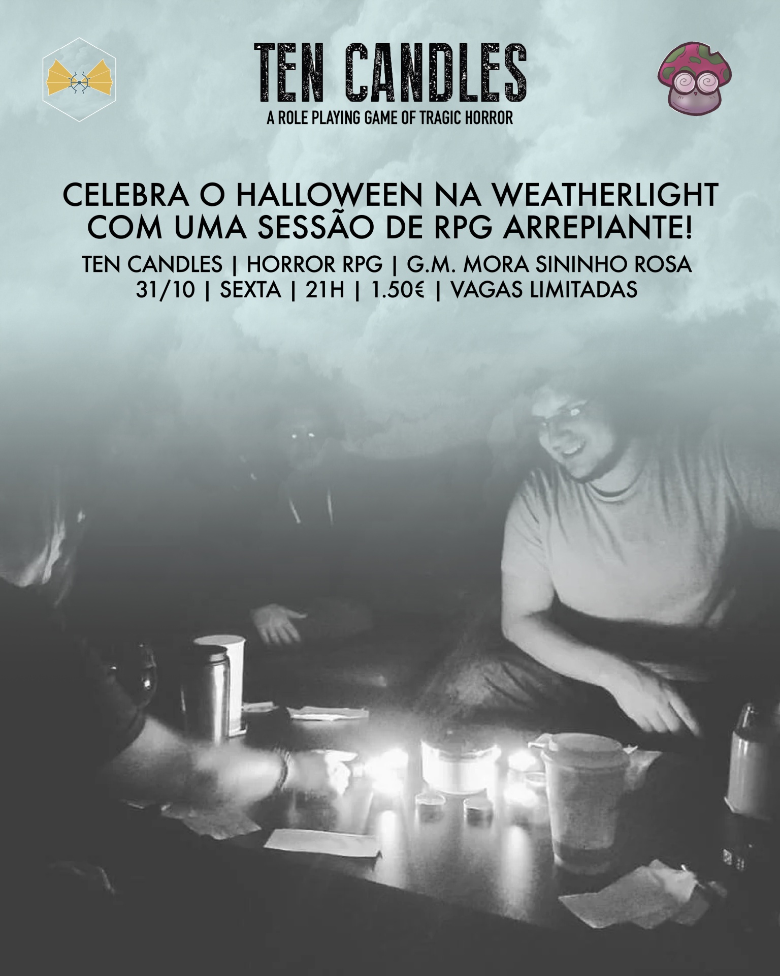 Sessão de RPG Ten Candles com pessoas à volta de mesa com velas acesas em ambiente escuro