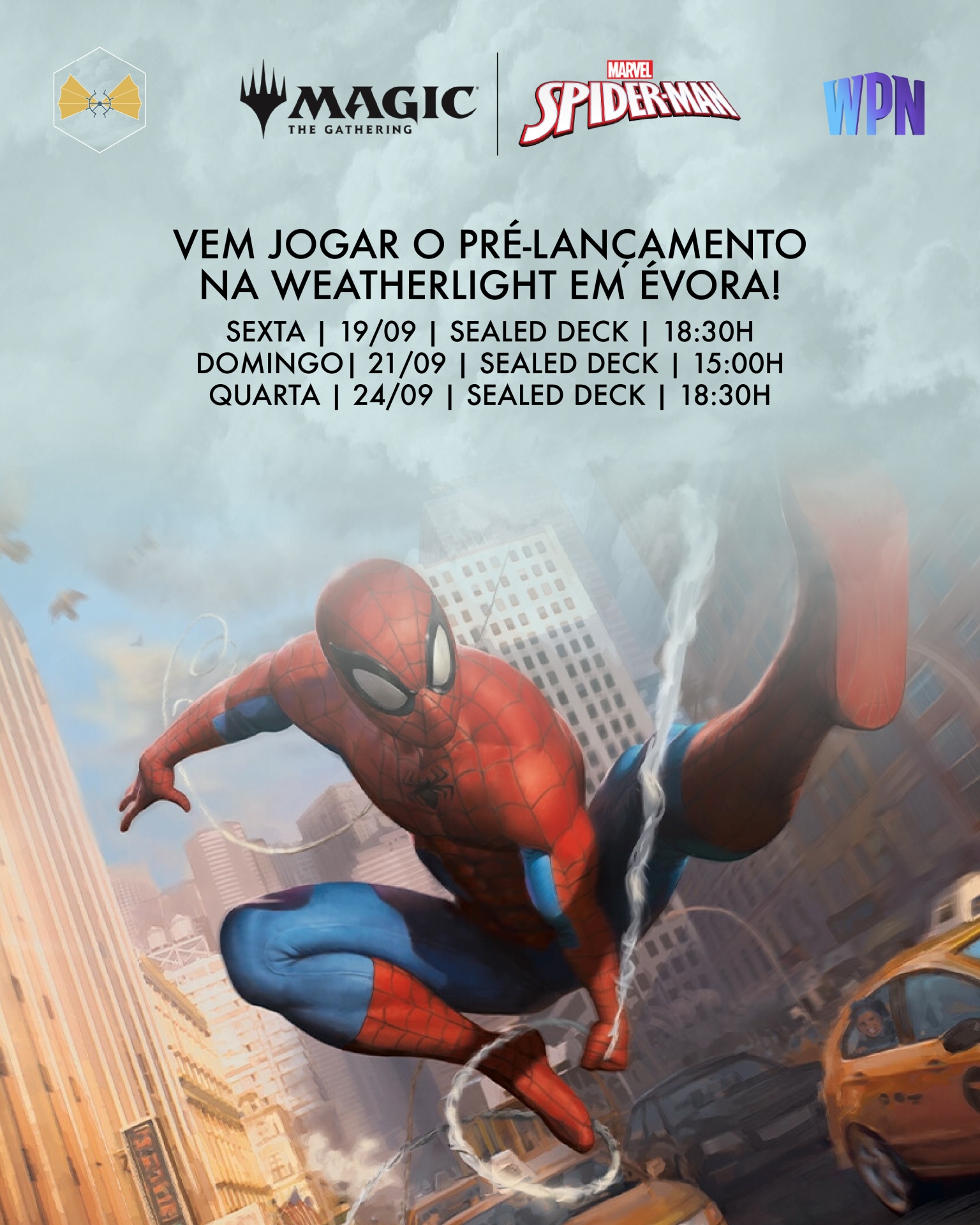 Cartaz do pré-lançamento de Magic The Gathering com Spider-Man