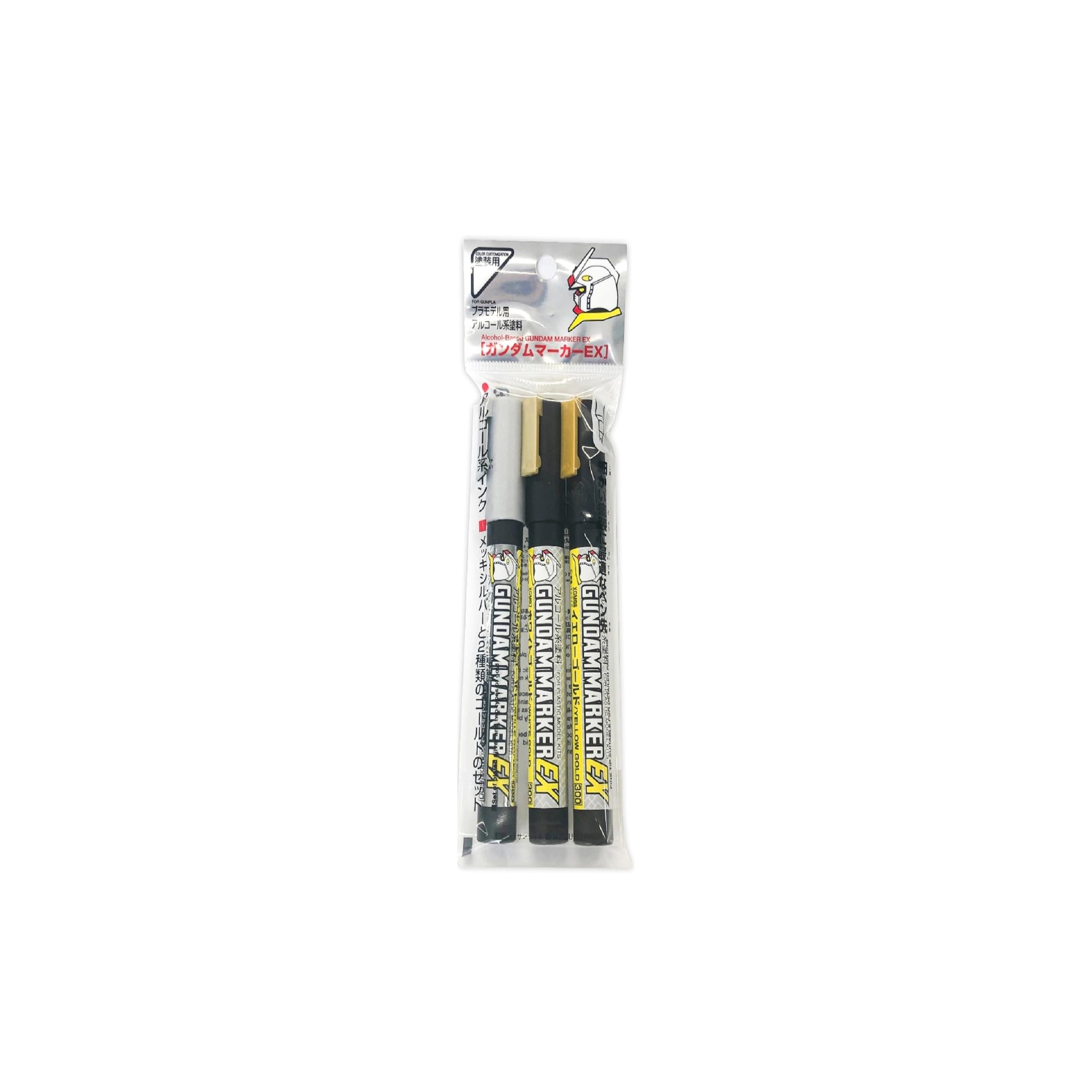 Mr. Hobby - Gundam Marker EX Plated Silver & Gold Set (3pcs) Pacote com três marcadores permanentes PENMAN MARKER em várias cores numa embalagem transparente