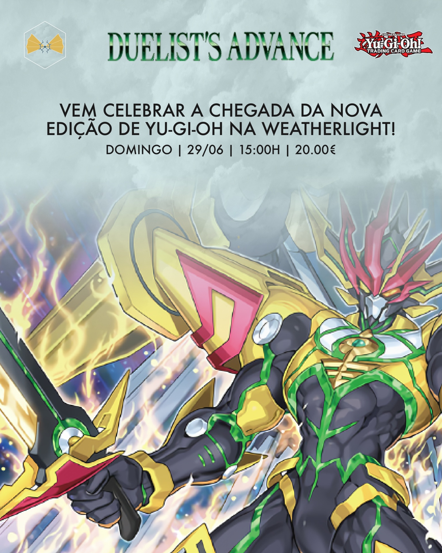 Cartaz promocional Yu-Gi-Oh com personagem robótica e texto sobre evento