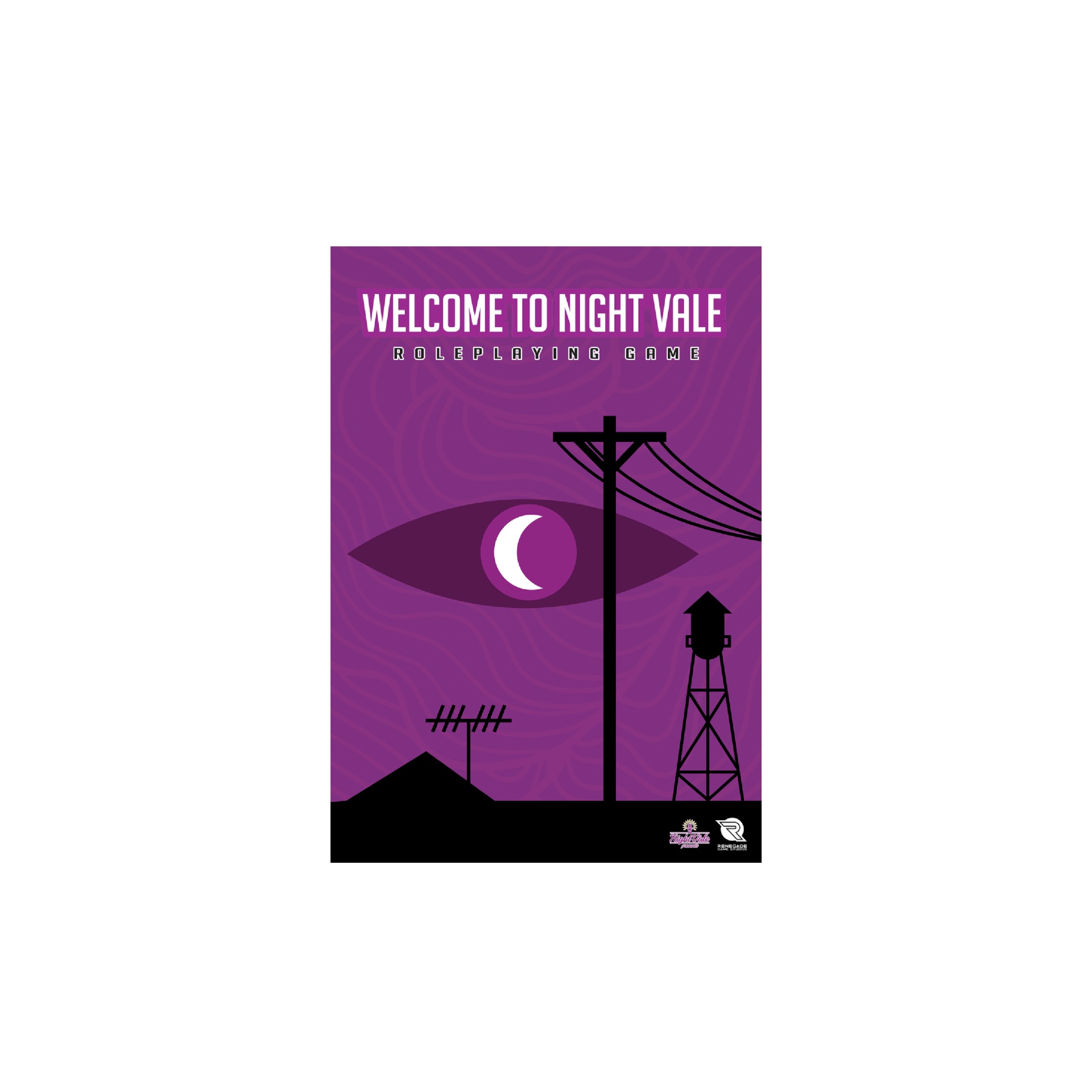 Welcome to Night Vale - Roleplaying Game - EN Capa de jogo de roleplaying roxa com olho, lua, postes e torre de água em preto