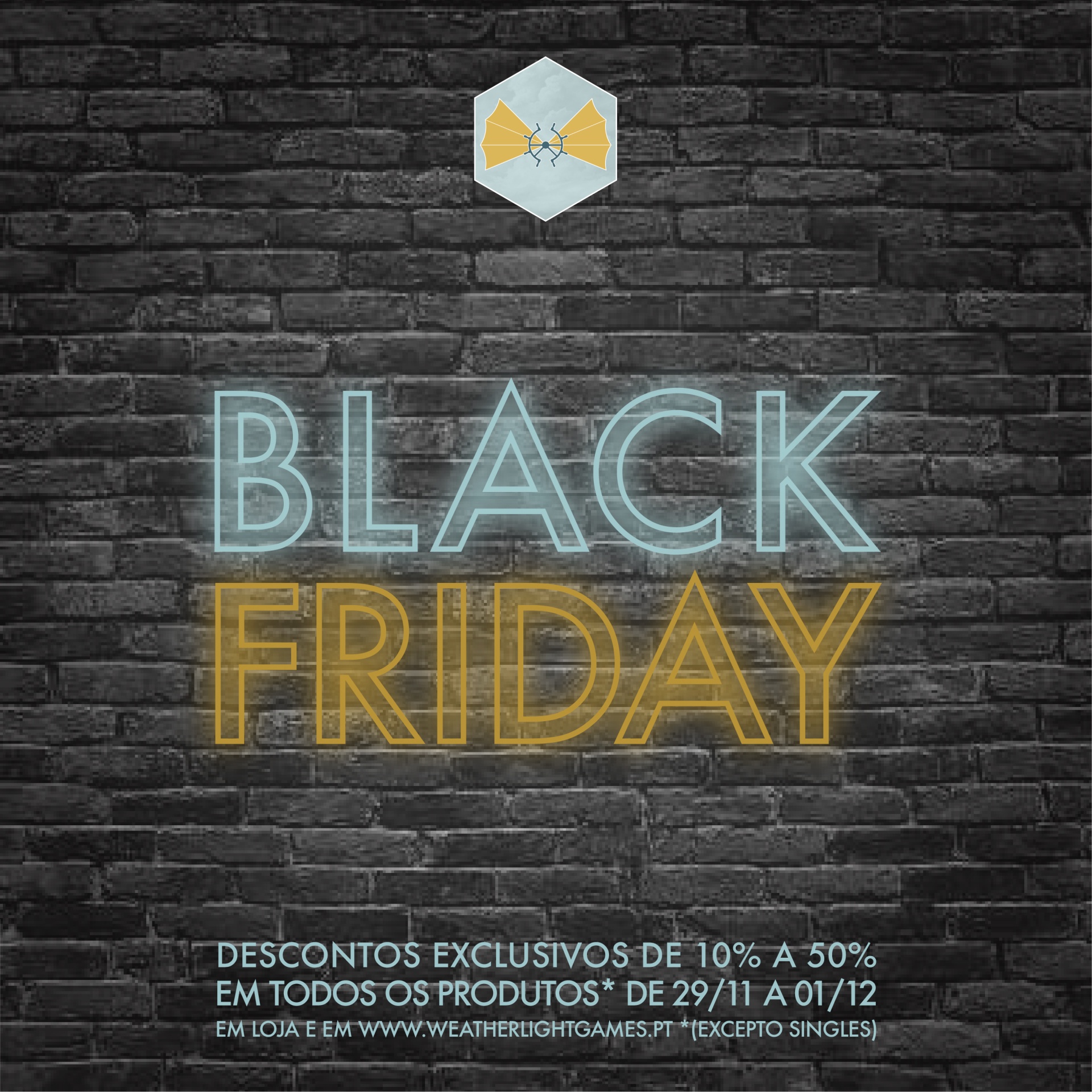 Anúncio de Black Friday com texto em néon azul e amarelo sobre parede de tijolos escura