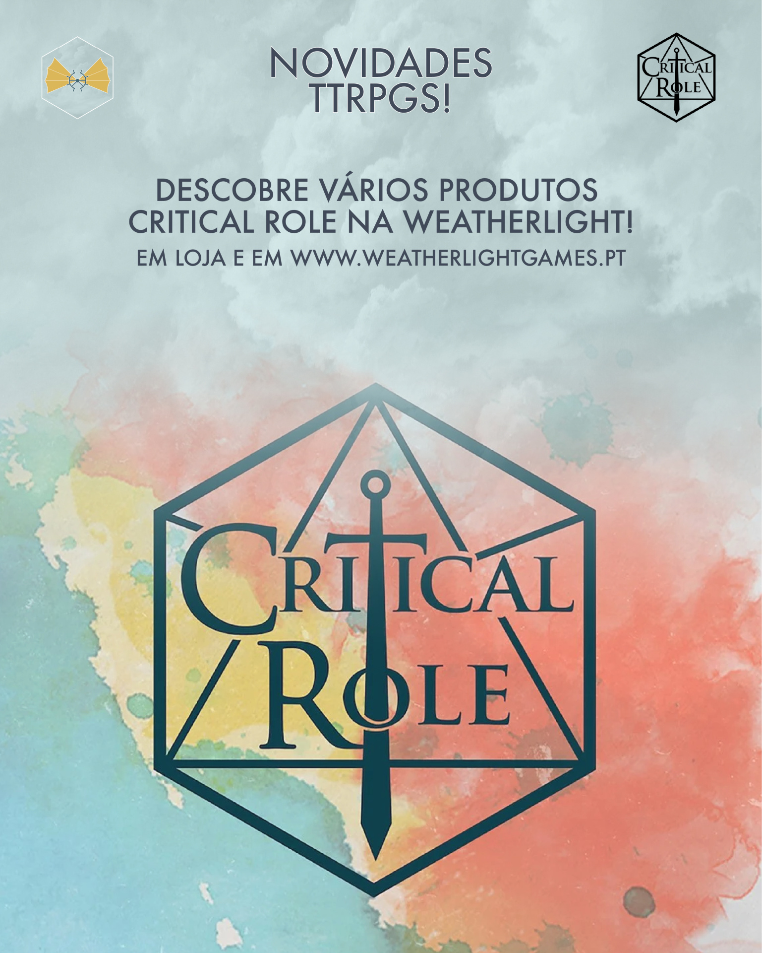 Poster promocional de jogos TTRPG Critical Role pela Weatherlight com textos em português