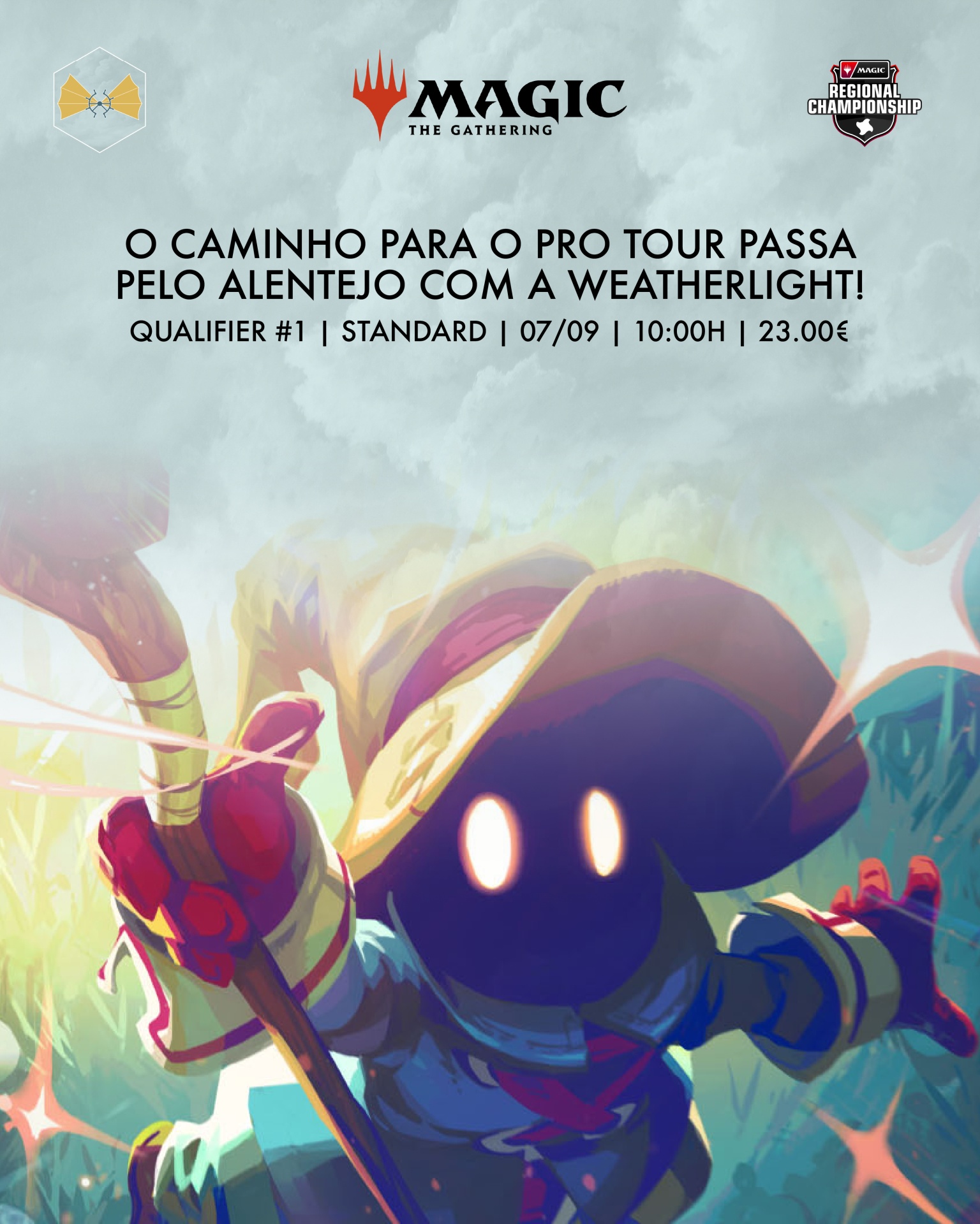 Cartaz de evento Magic: The Gathering com personagem místico e texto em português sobre qualificador