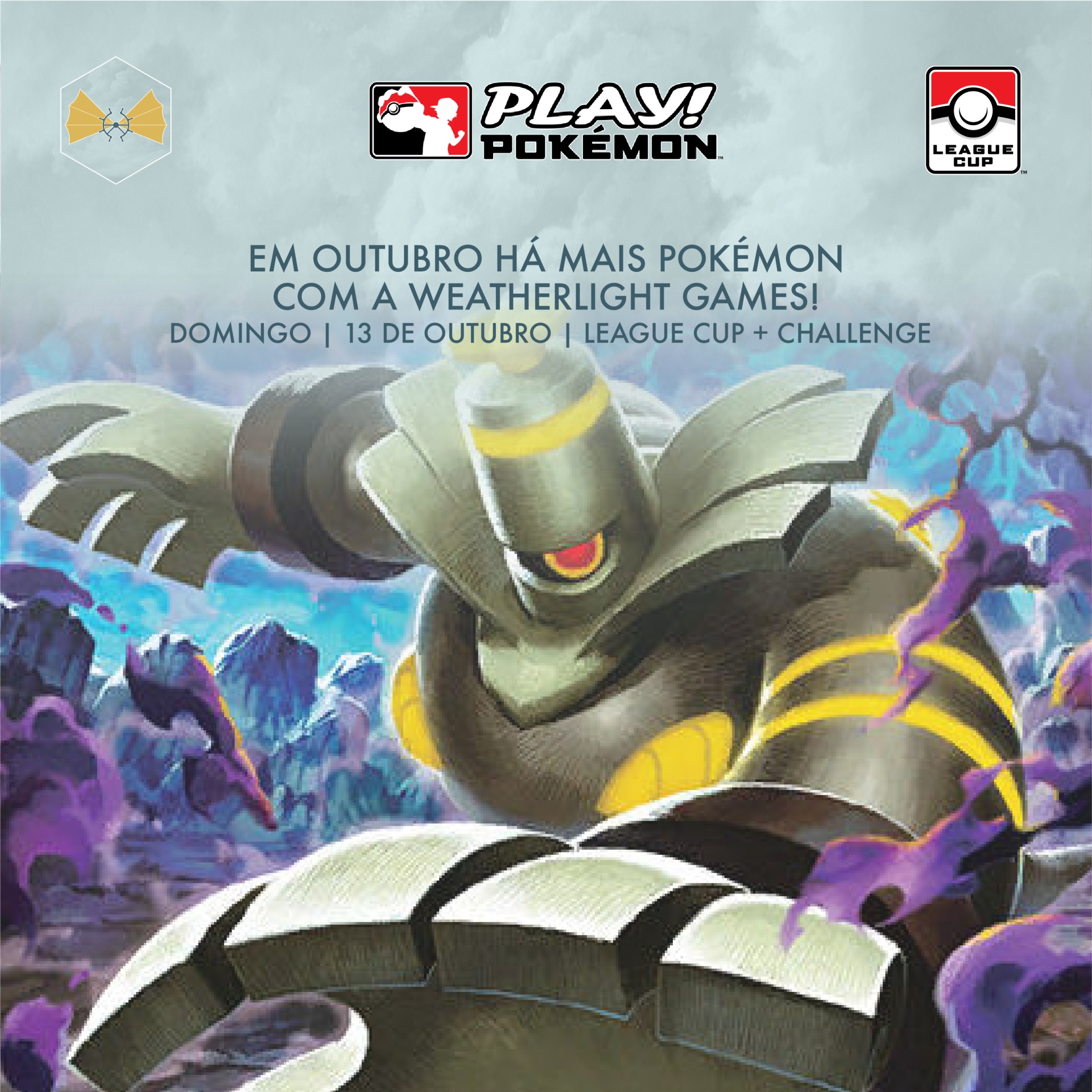 Cartaz promocional do jogo Pokémon com Metagross e texto em português sobre evento em outubro