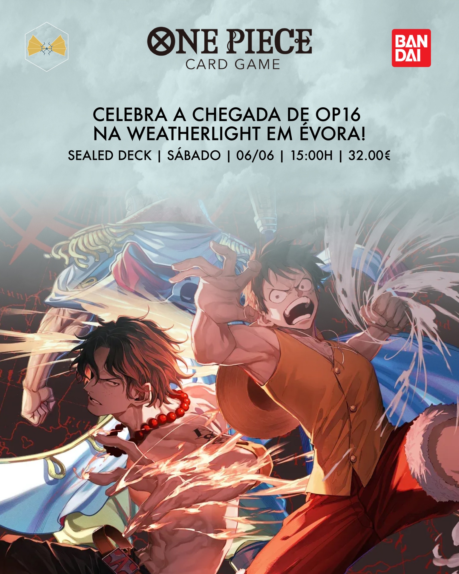 Promoção do jogo de cartas One Piece com texto de evento e personagens animados