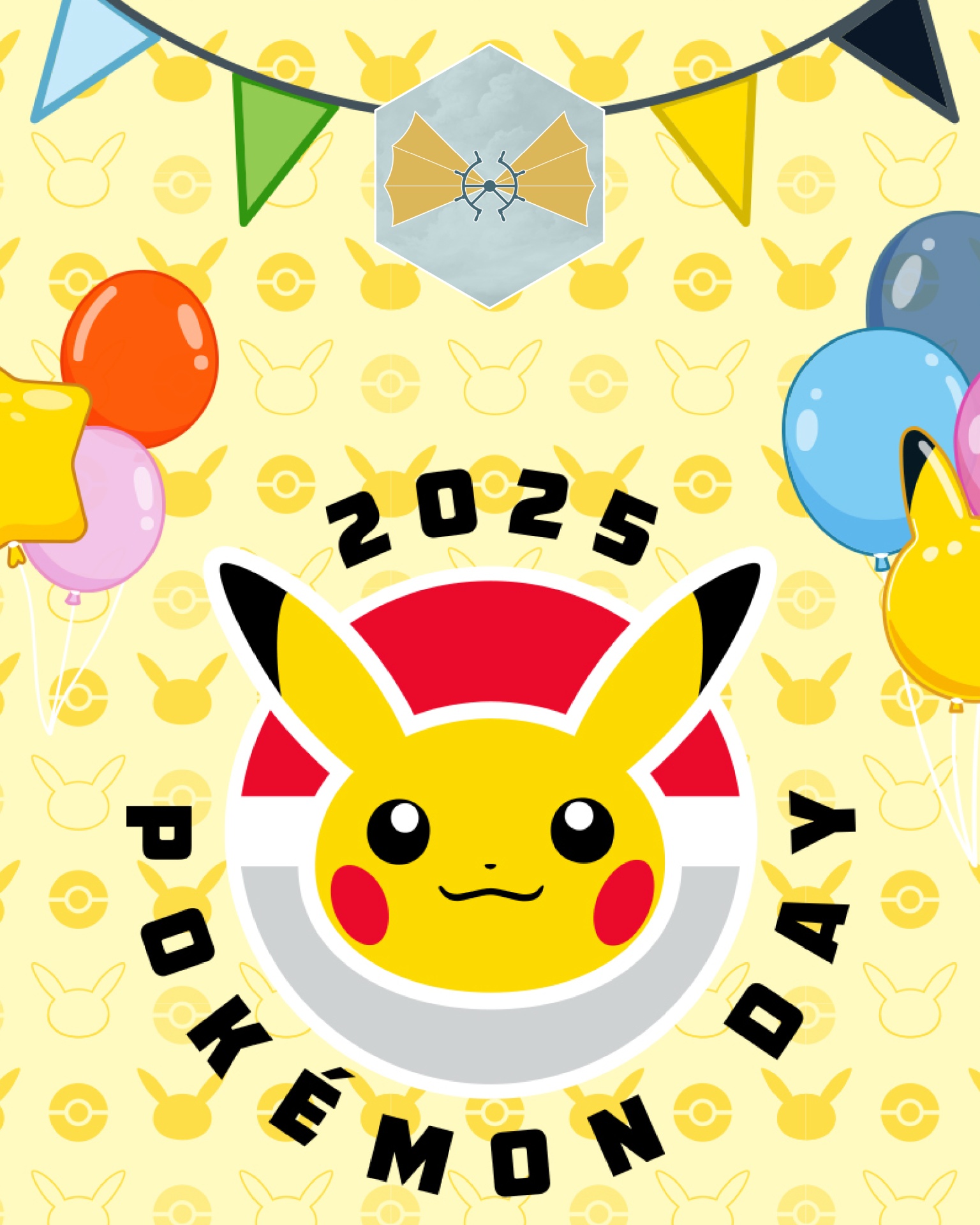 Imagem do rosto do Pikachu com balões e bandeirolas coloridas em fundo amarelo com padrões Pokémon Day 2025