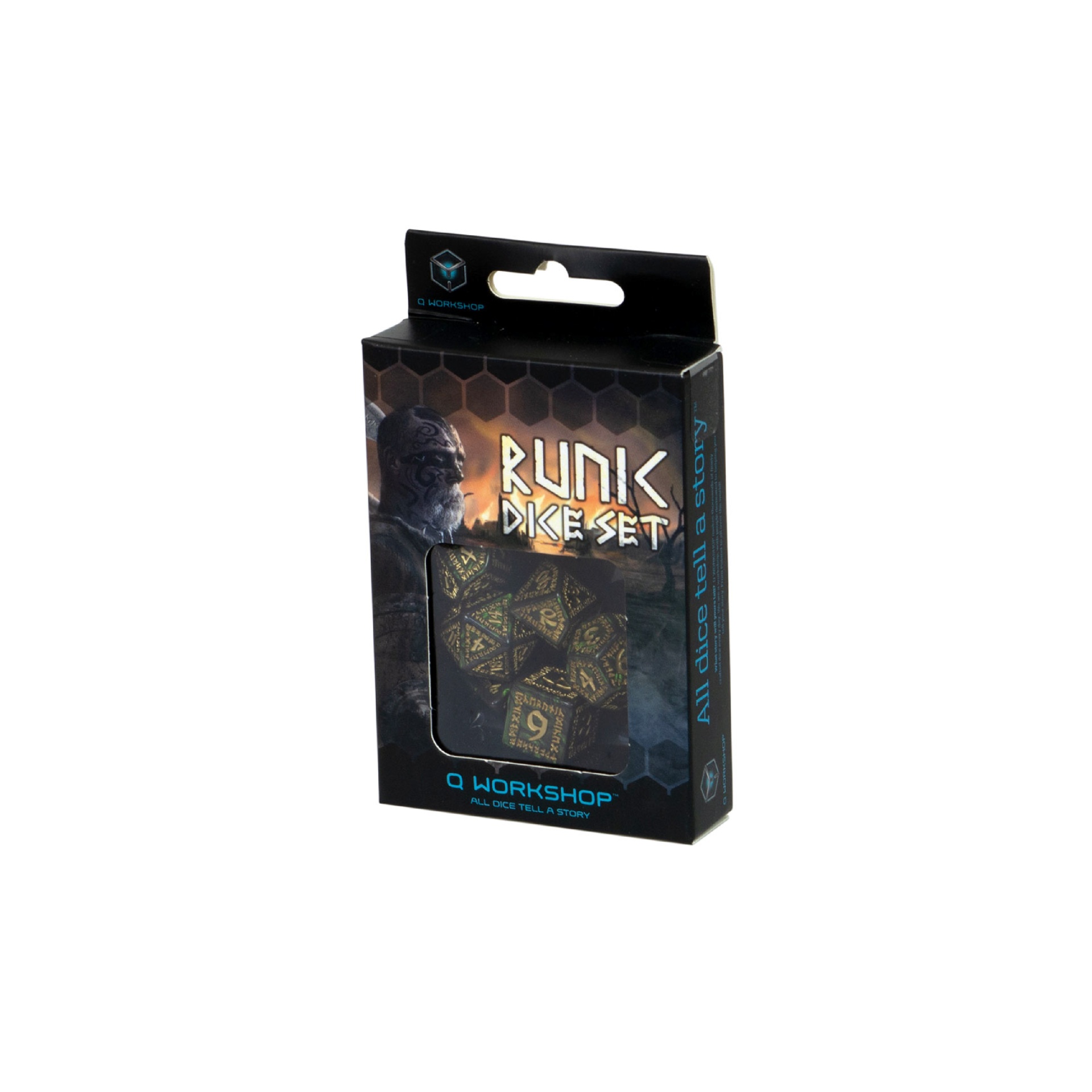 Q-workshop - Dice Set - Runic - Bottle-green & gold (7pcs) Conjunto de dados Runic Dice Set em embalagem preta com ilustração de guerreiro