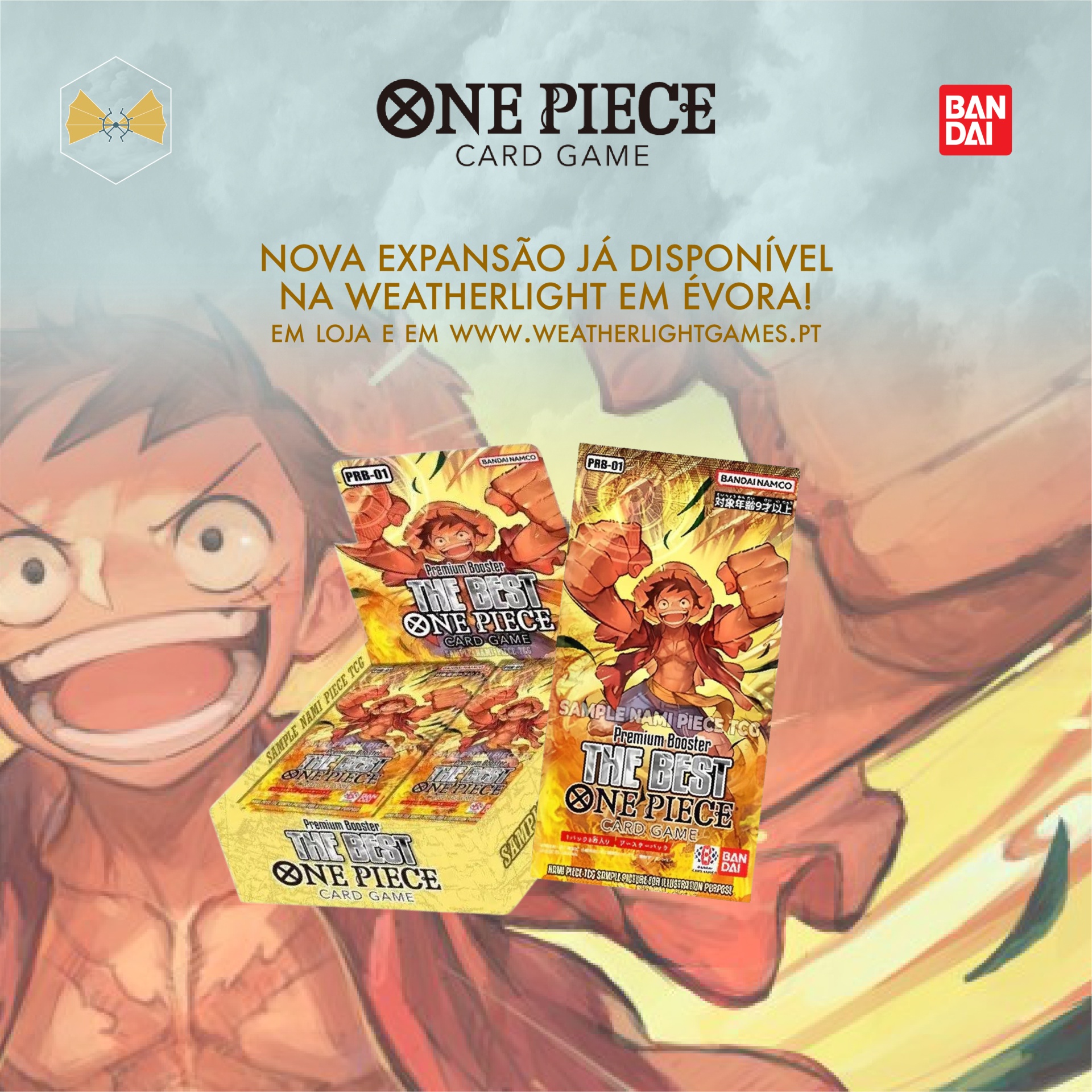 Promoção da expansão do jogo ONE PIECE com embalagem e booster packs com Luffy em fundo amarelo e vermelho
