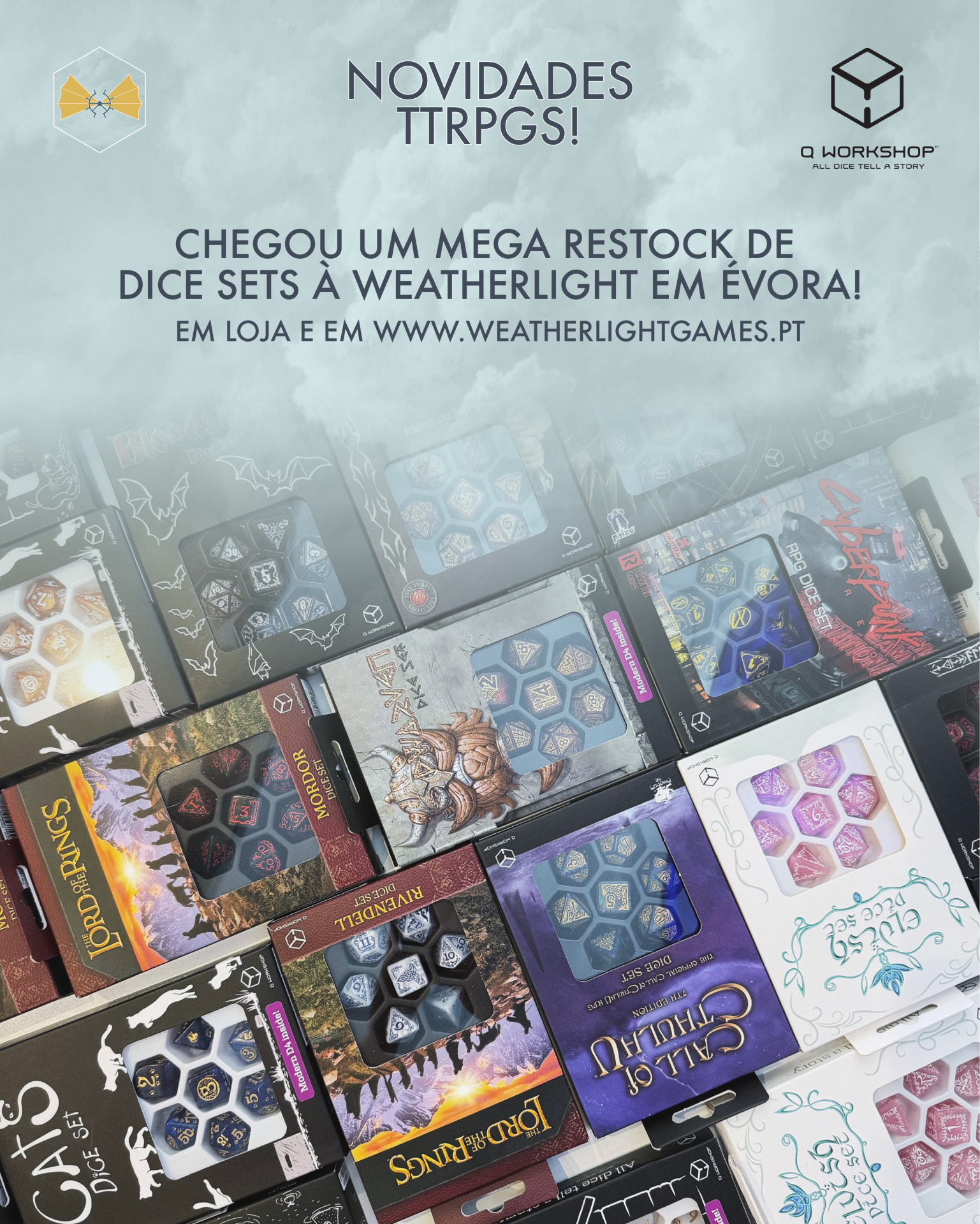 Múltiplos conjuntos de dados temáticos em embalagens diversas com texto promocional de disponibilização em loja e online