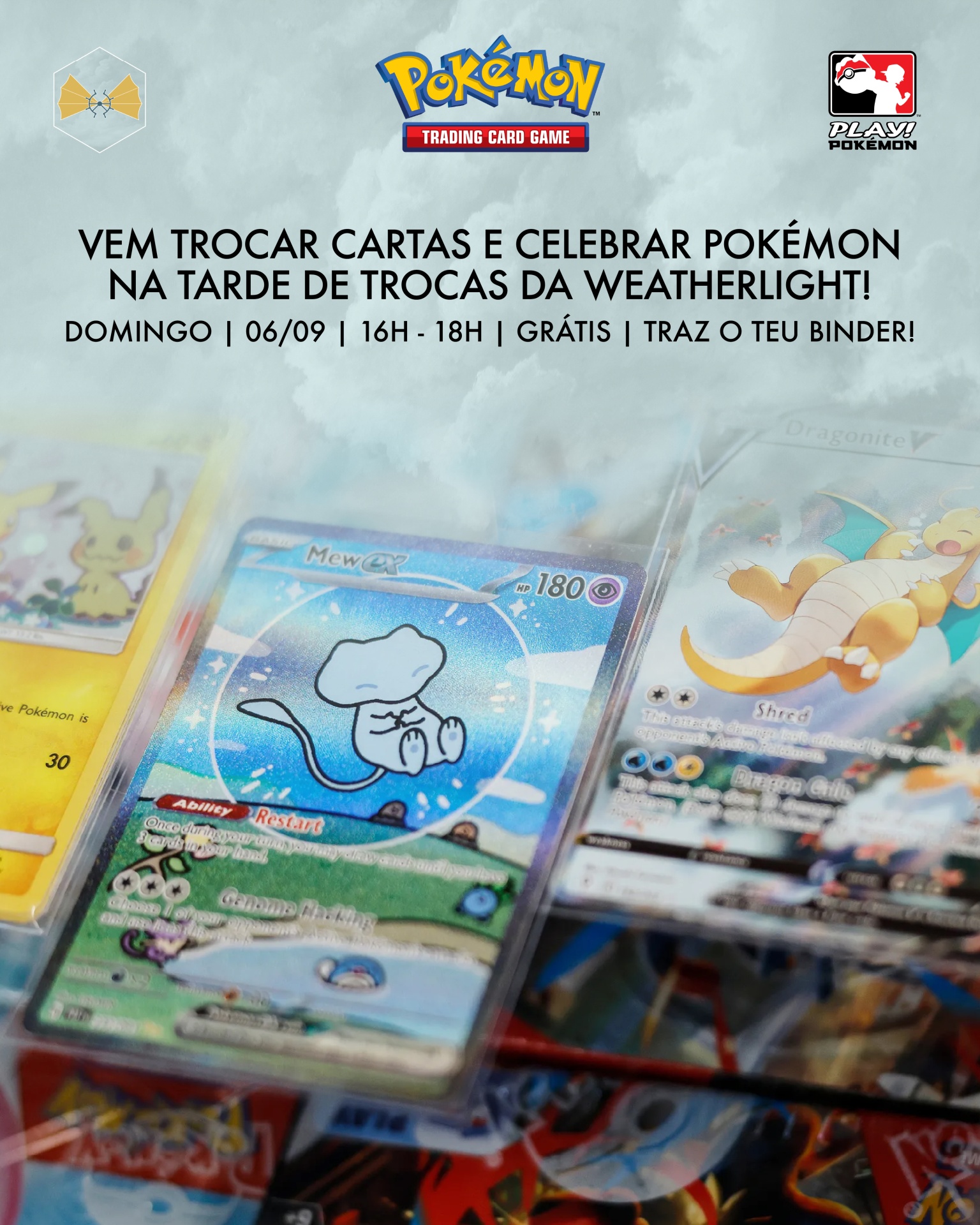Cartas do jogo Pokémon Trading Card Game em destaque com texto em português sobre evento de troca de cartas Weatherlight