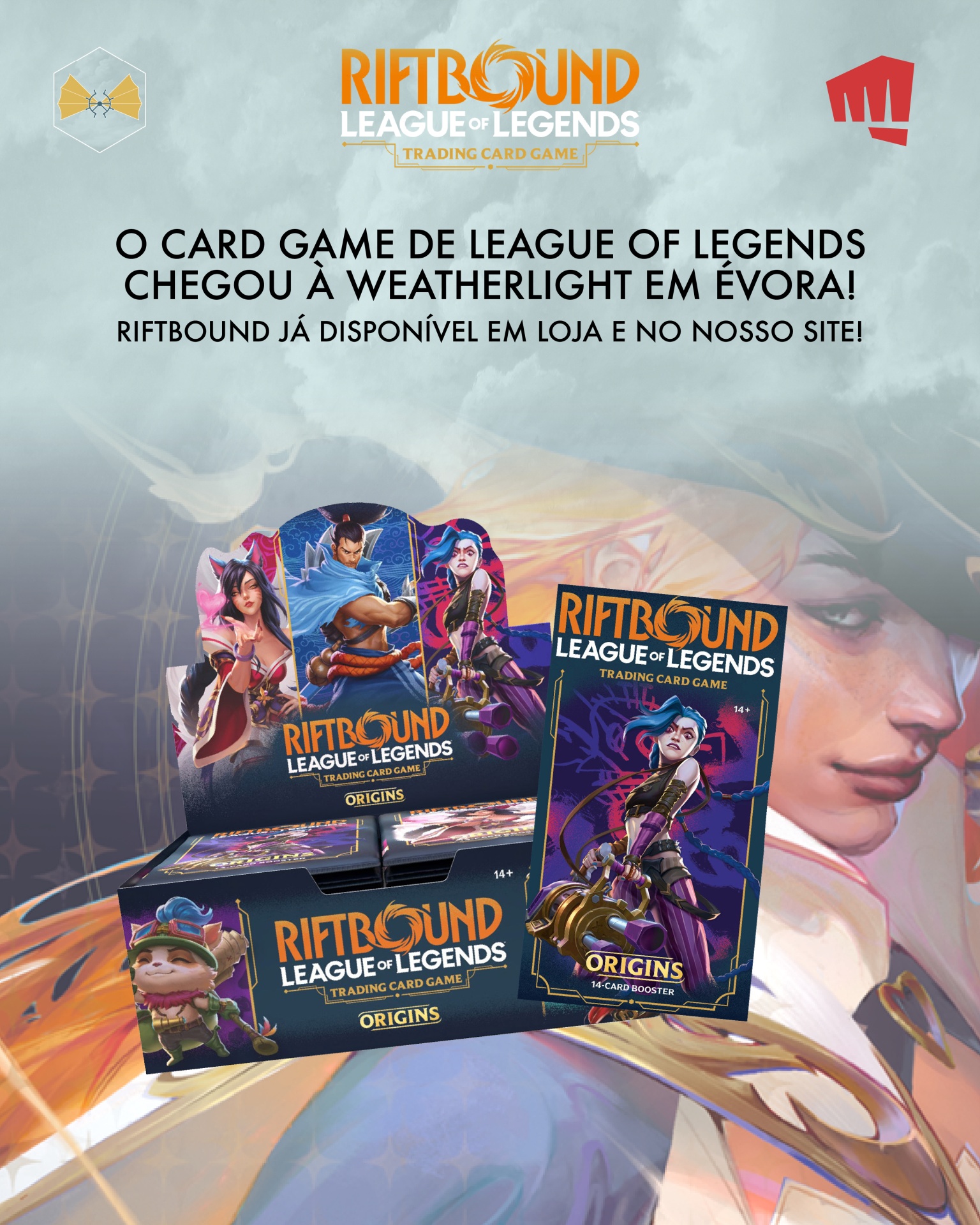 Caixas do jogo de cartas Riftbound League of Legends com personagens e texto promocional em português