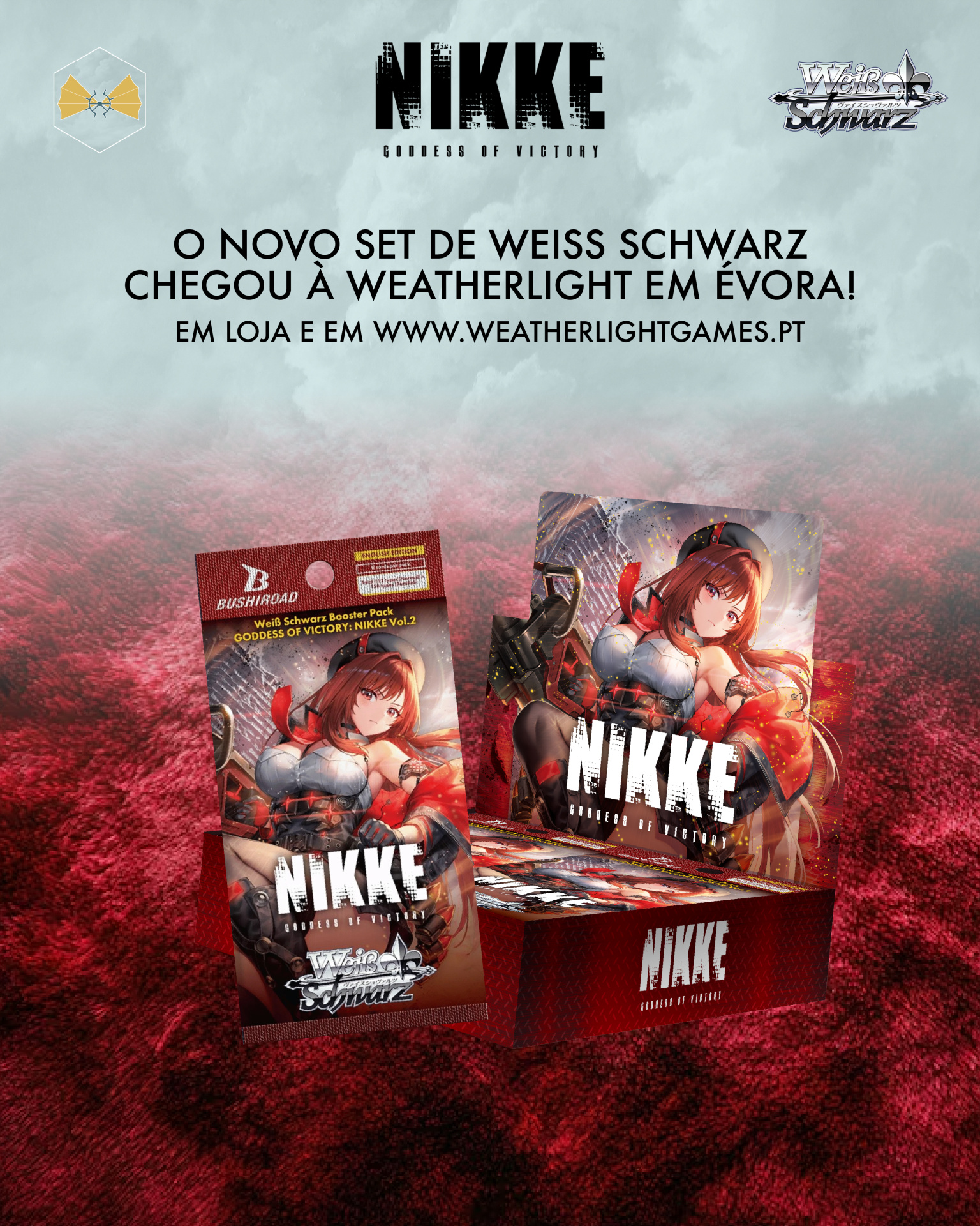 Cartas de jogo Weiss Schwarz NIKKE GODDESS OF VICTORY e texto promocional em fundo vermelho