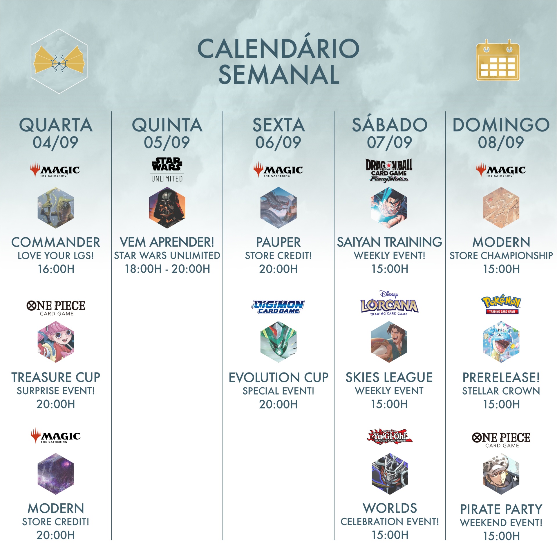 Calendário semanal de eventos de jogos de cartas com datas e horários