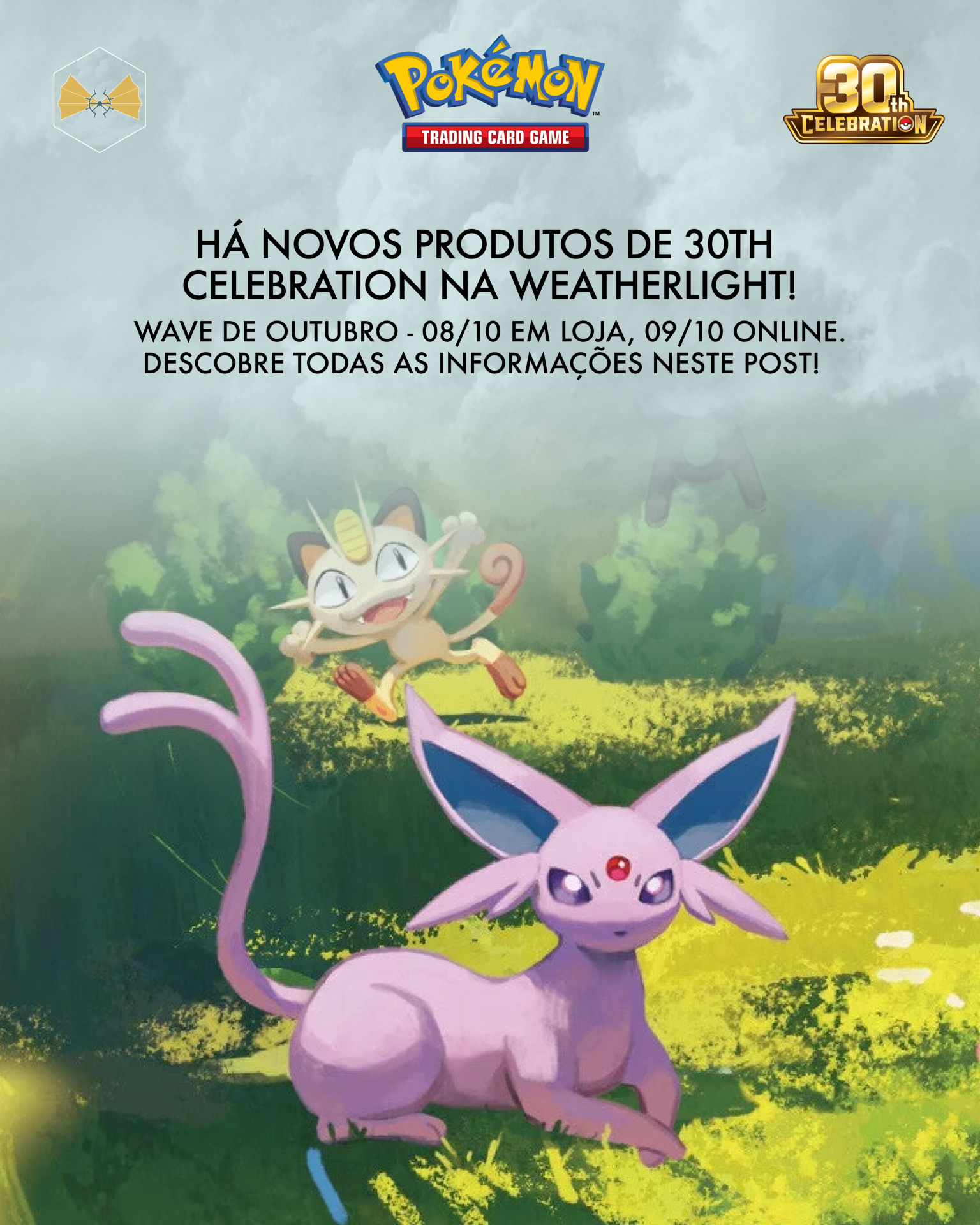 Imagem da promoção 30th Celebration da Pokémon Trading Card Game com personagens Espeon e Meowth em natureza