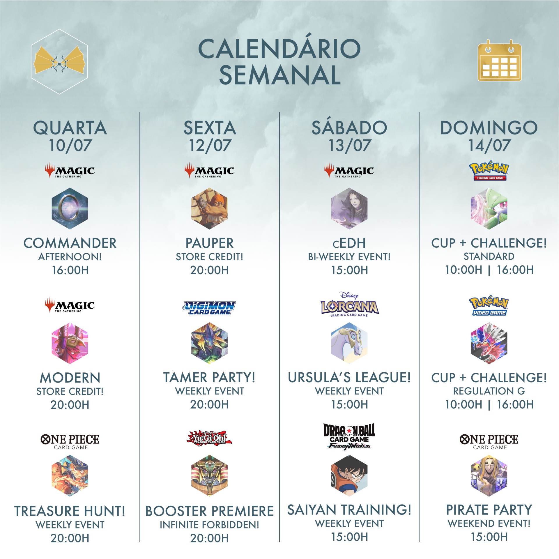 Calendário semanal de eventos para jogos de cartas com datas, nomes dos eventos, jogos e horários