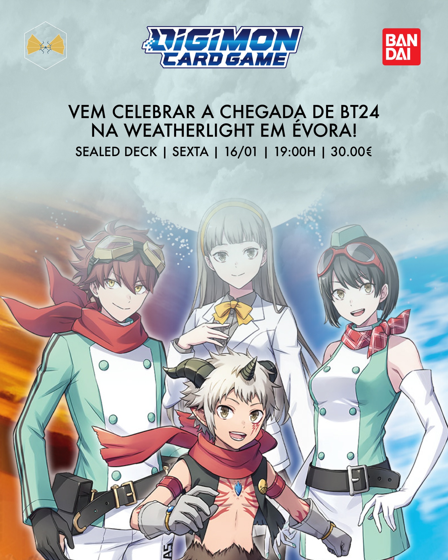Imagem promocional Digimon Card Game com personagens anime e texto em português sobre evento em Évora.