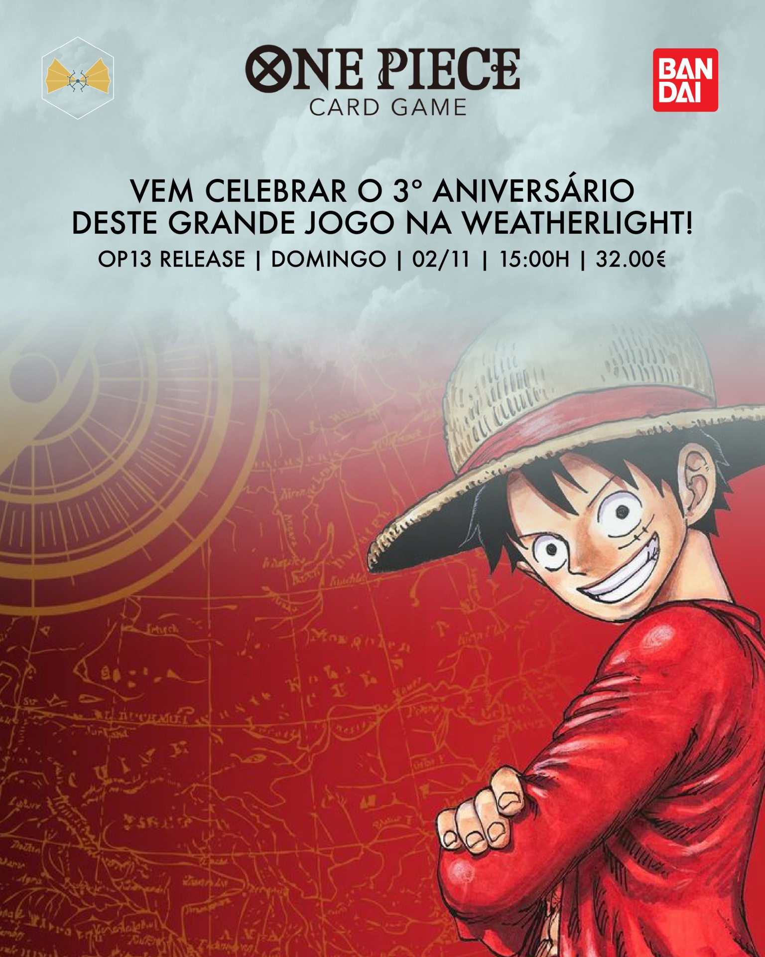Poster promocional do jogo ONE PIECE CARD GAME com personagem de chapéu de palha e camisa vermelha