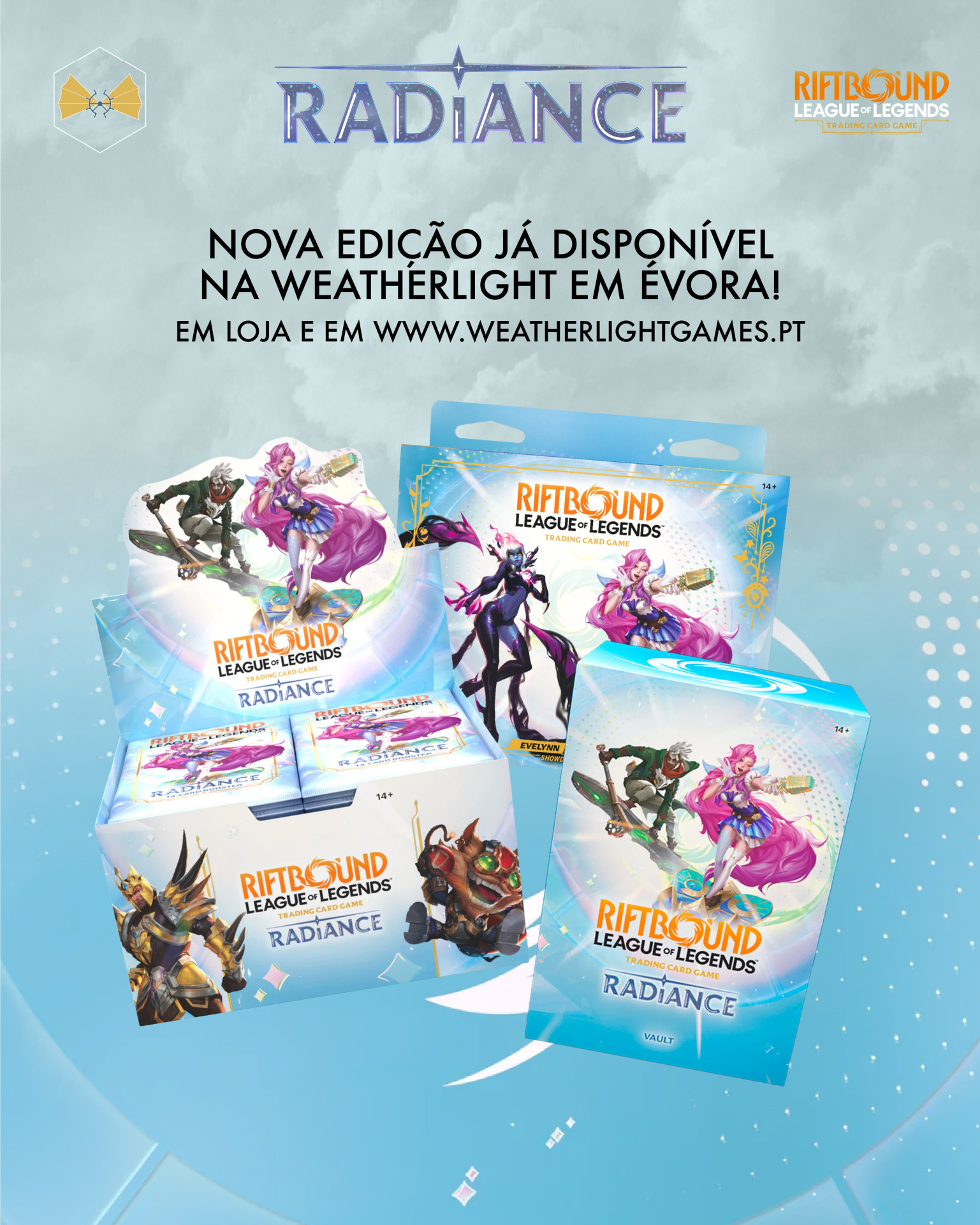 Embalagens com cartas do jogo Riftbound League of Legends Radiance, fundo azul e ilustrações de personagens