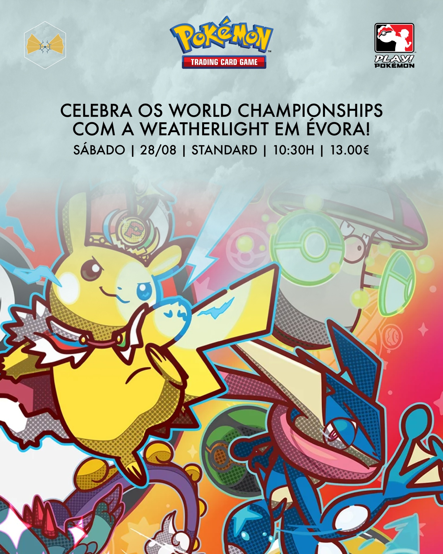 Cartaz do Pokémon Trading Card Game para um evento com Pikachu em estilo pop art e texto do evento em português.