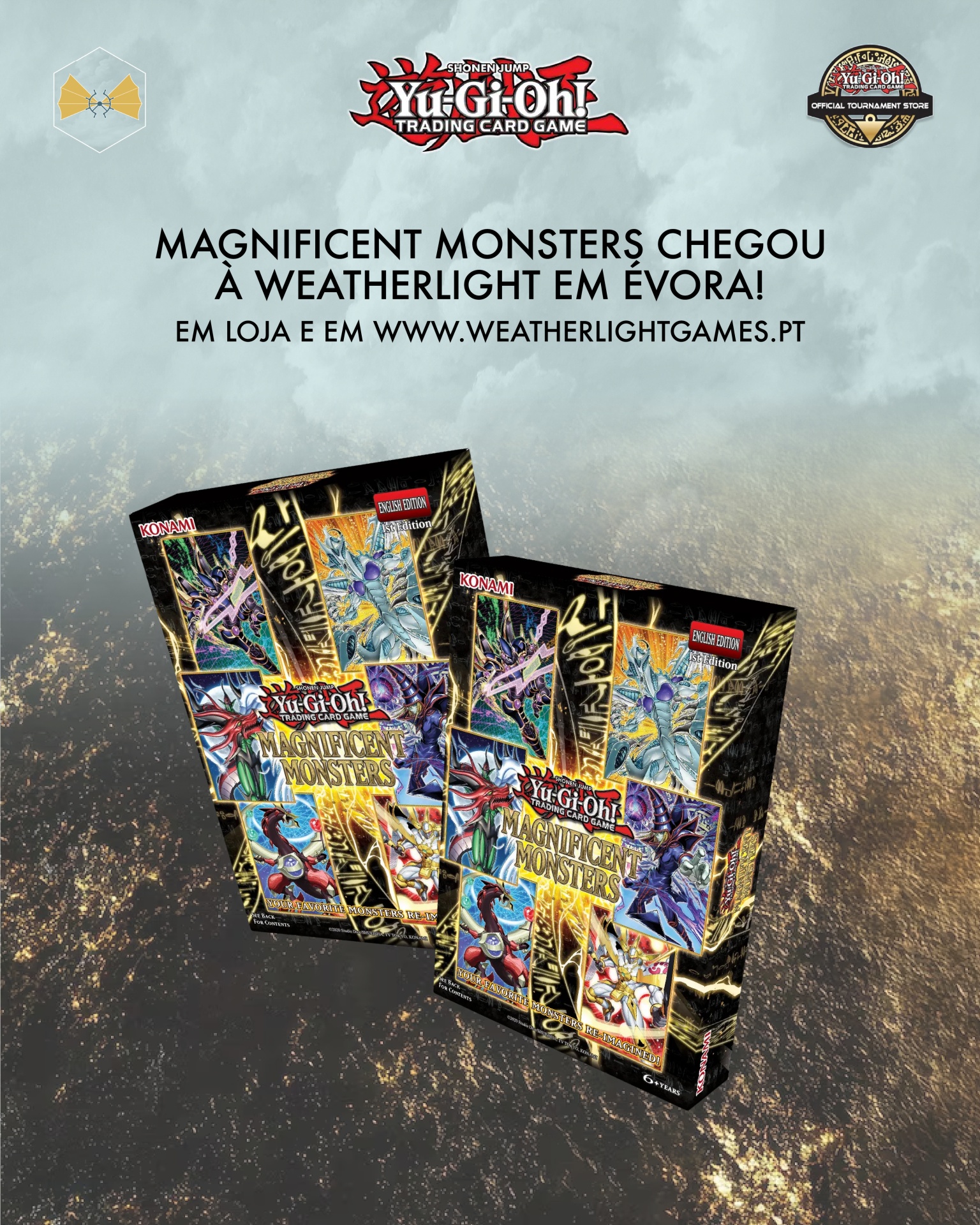 Caixas do jogo Yu-Gi-Oh! Magnificent Monsters com fundo cinza e texto em português.