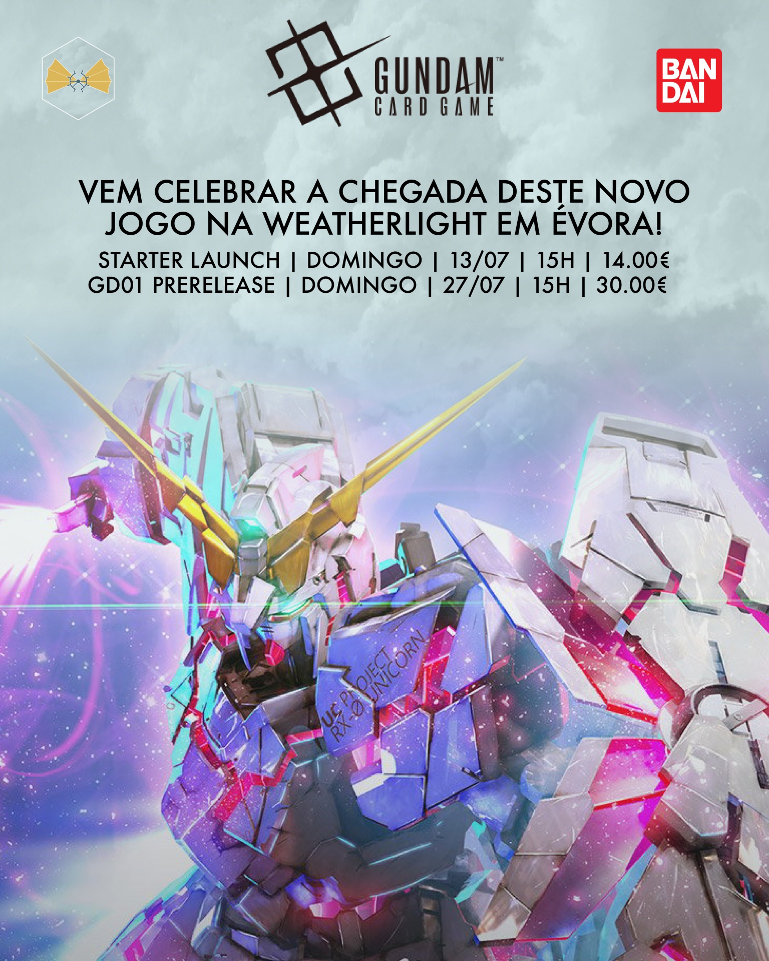 Imagem promocional do jogo Gundam Card Game com robô Gundam colorido e informações de lançamento