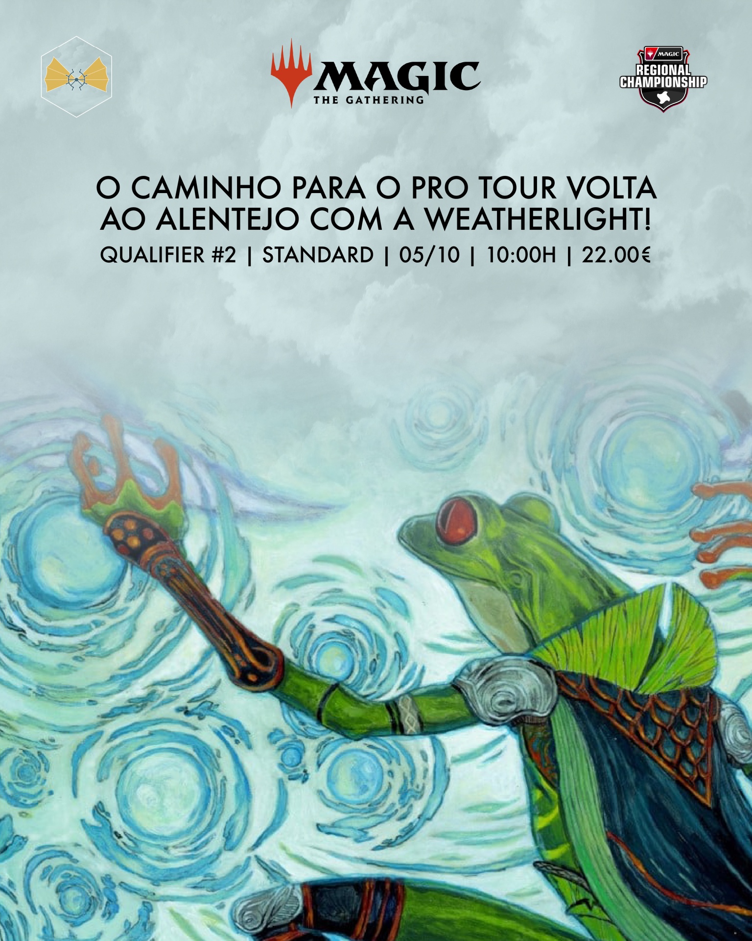 Cartaz publicitário ilustrado com uma rã armada em fundo azul para evento Magic The Gathering.