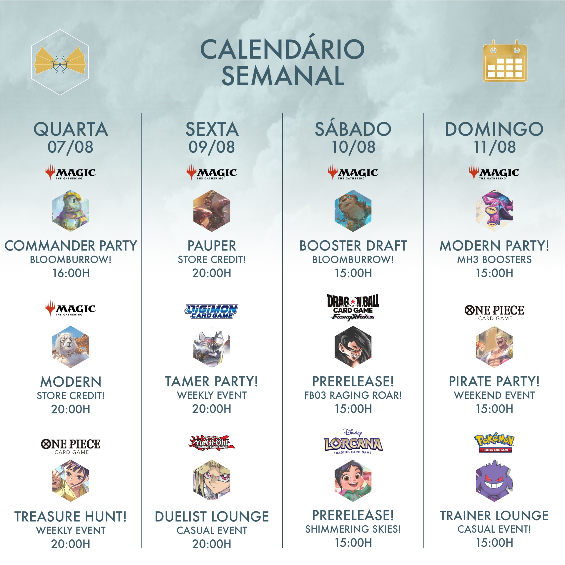 Calendário semanal de eventos de jogos de cartas com datas e horários