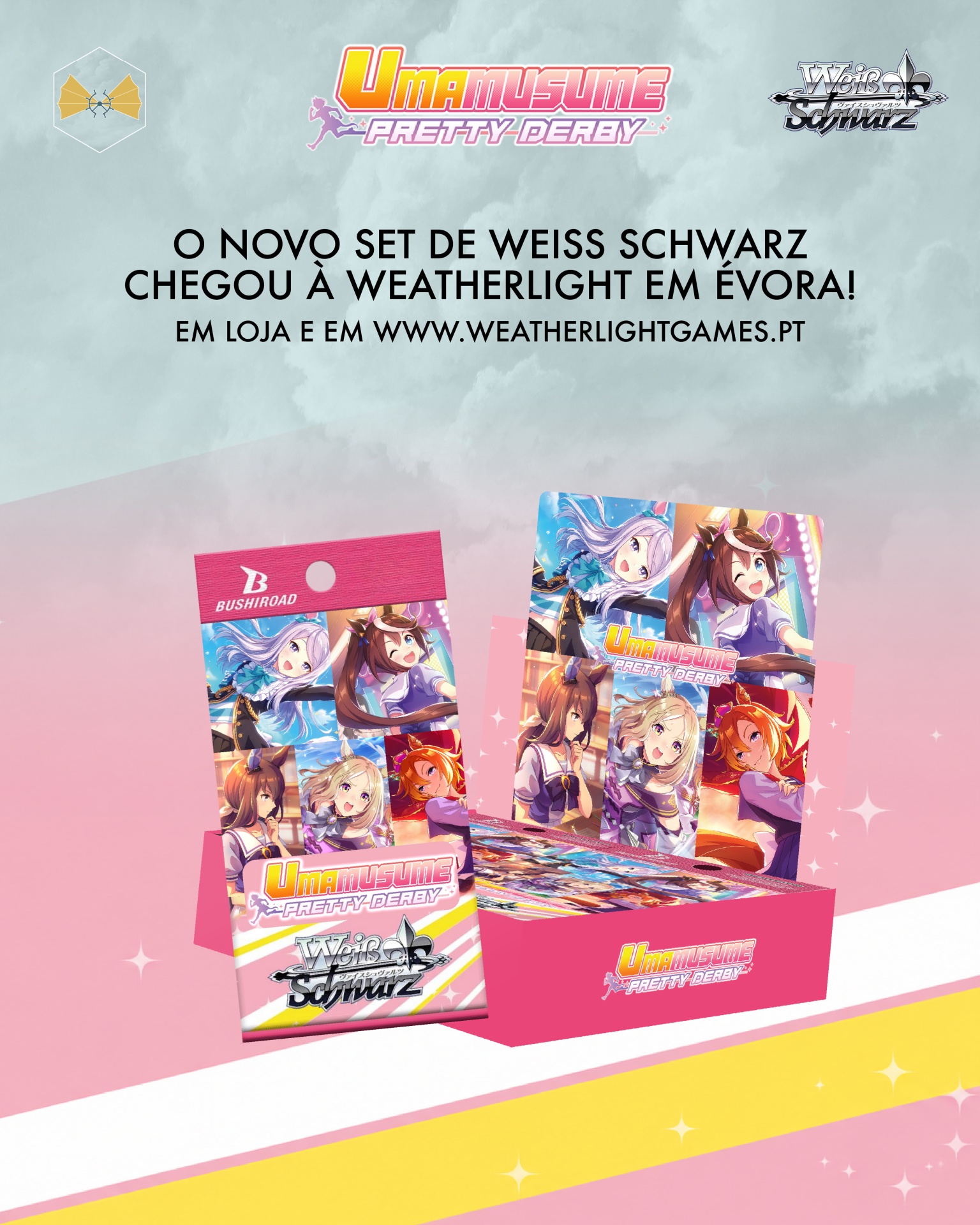 Embalagem e caixa com cartas anime Weiss Schwarz Umamusume Pretty Derby sobre fundo colorido rosa com texto promocional em português.