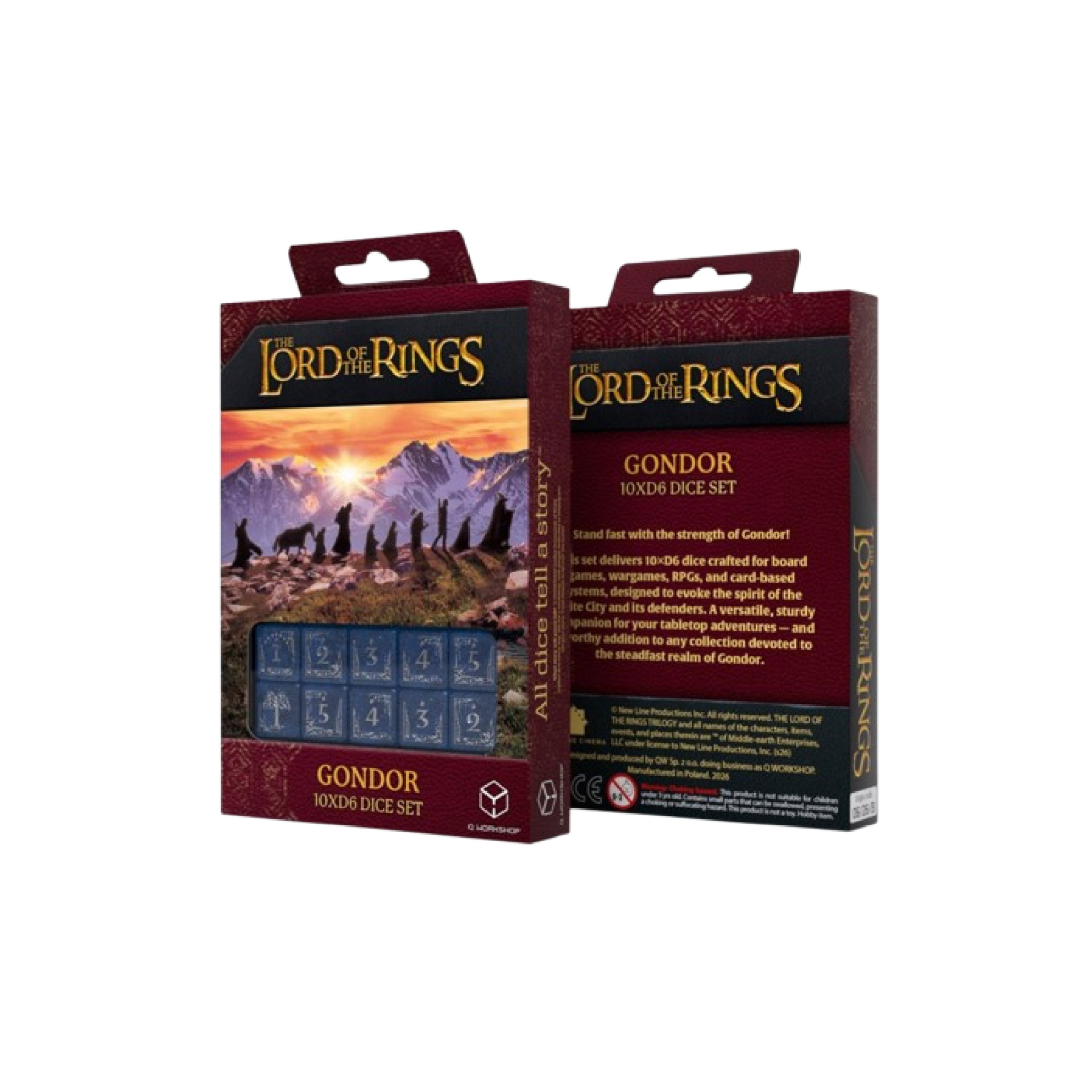 Q-workshop - 10xD6 Dice Set - The Lord of the Rings: Gondor (10pcs) Conjunto de dados azul da temática Senhor dos Anéis com embalagem vermelha e texto dourado.