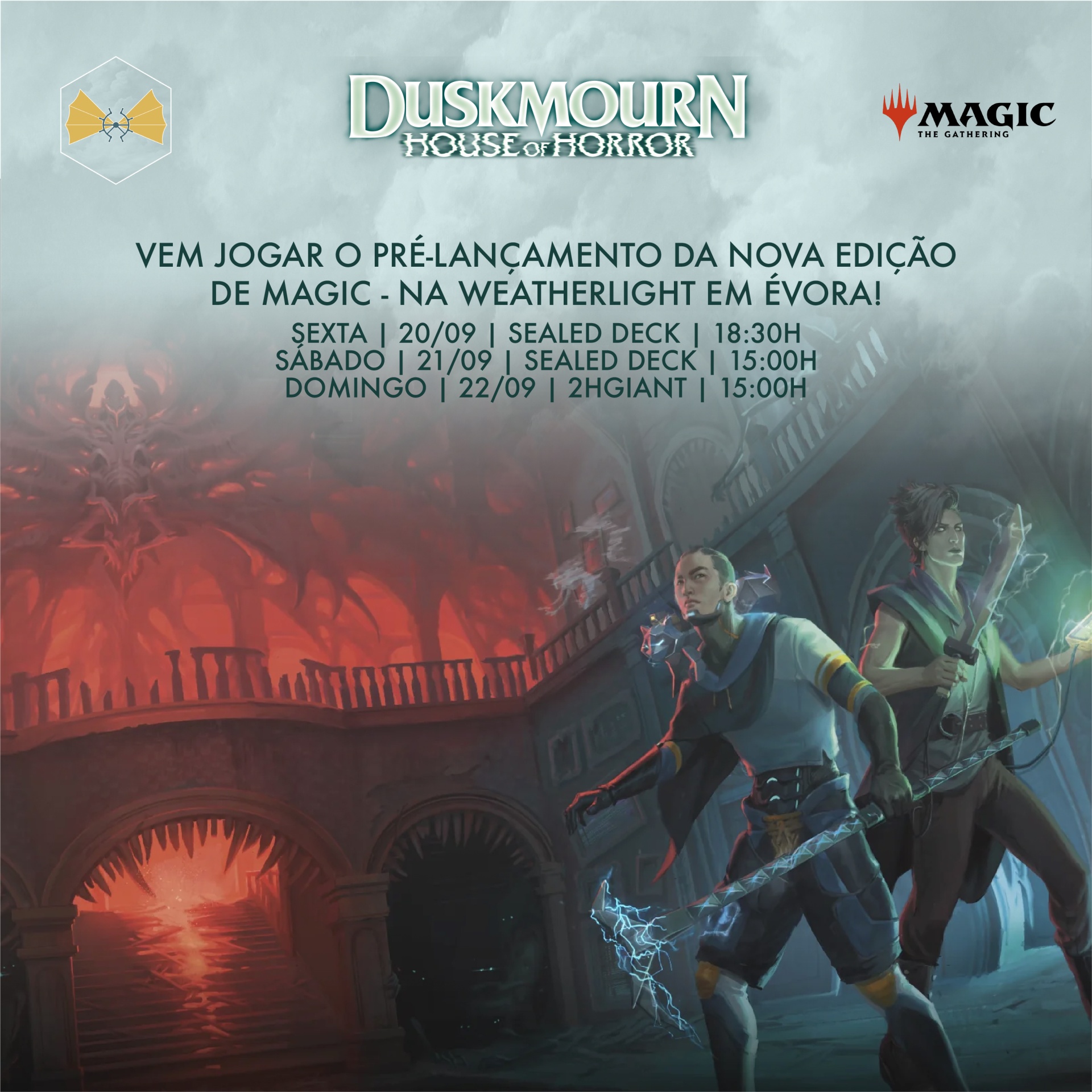 Poster promocional DUSKMOURN HOUSE OF HORROR com duas personagens e texto sobre pré-lançamento Magic em Évora.
