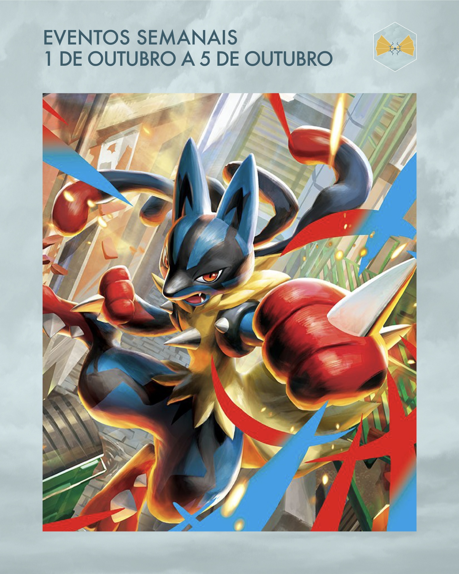 Personagem anime com pelagem preta, azul e amarela em cenário urbano, com texto de eventos semanais em português