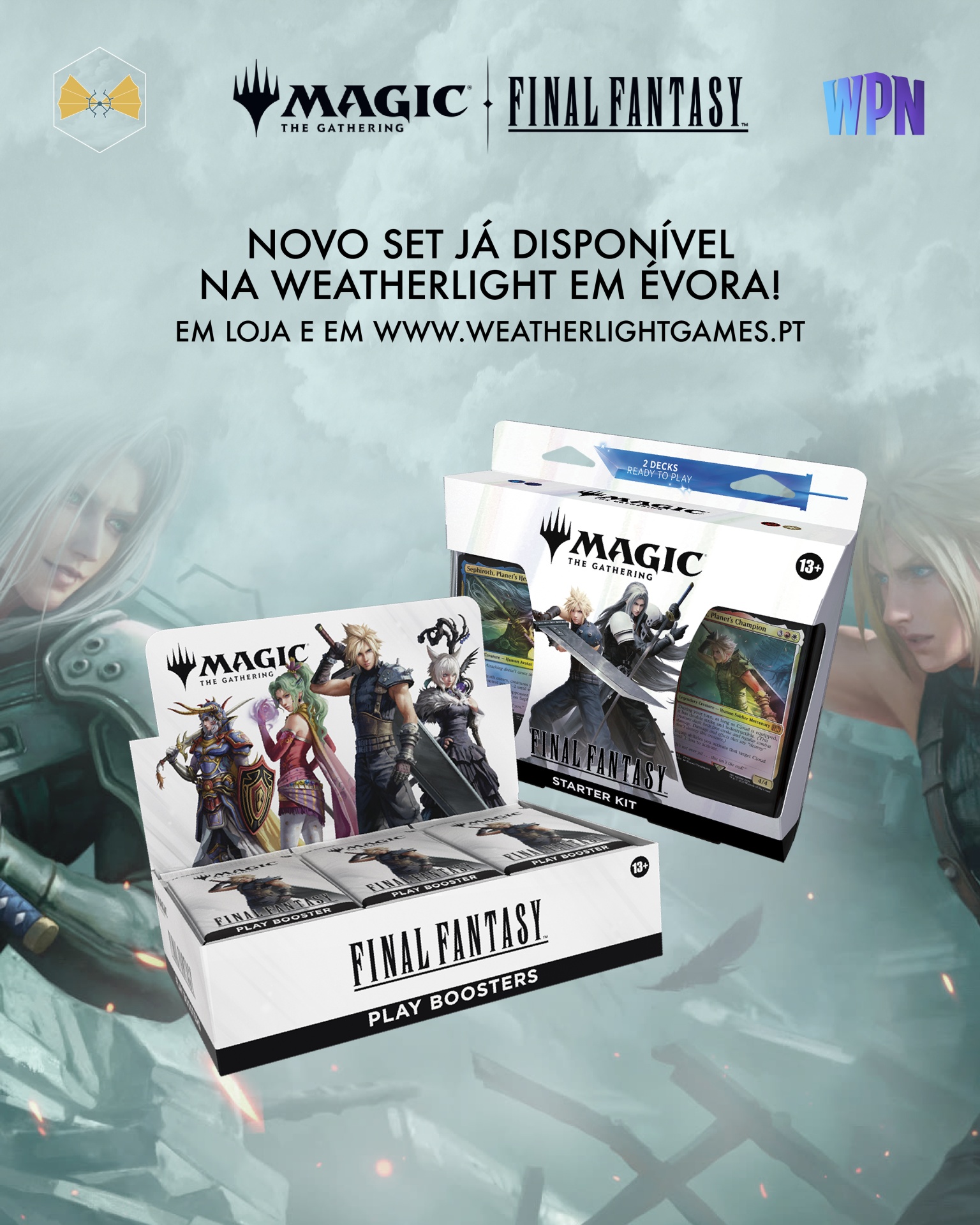 Promoção de produtos Magic The Gathering e Final Fantasy com caixas de cartas e personagens ao fundo.