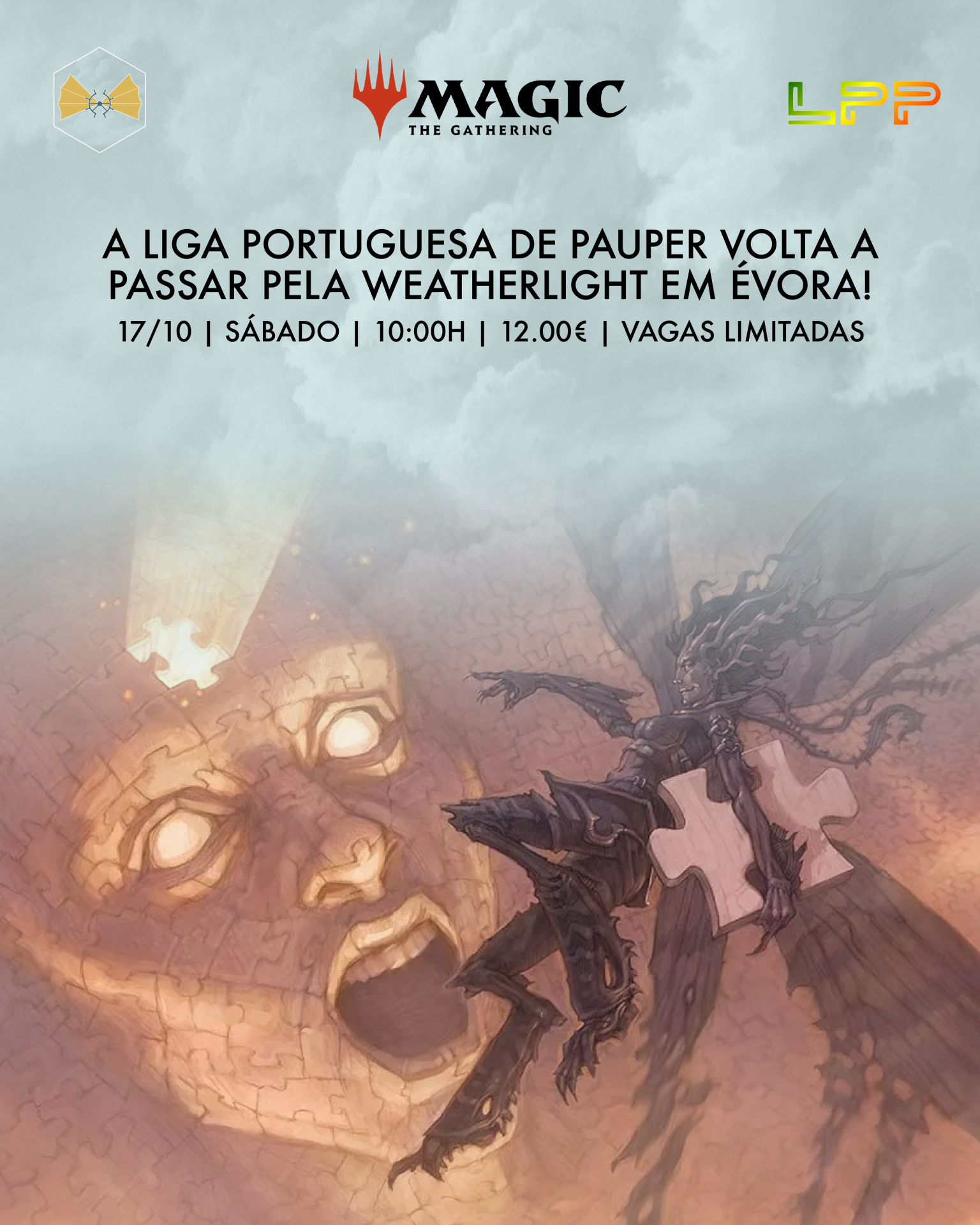 Anúncio de evento Magic the Gathering com figura sombria e rosto de peça de puzzle