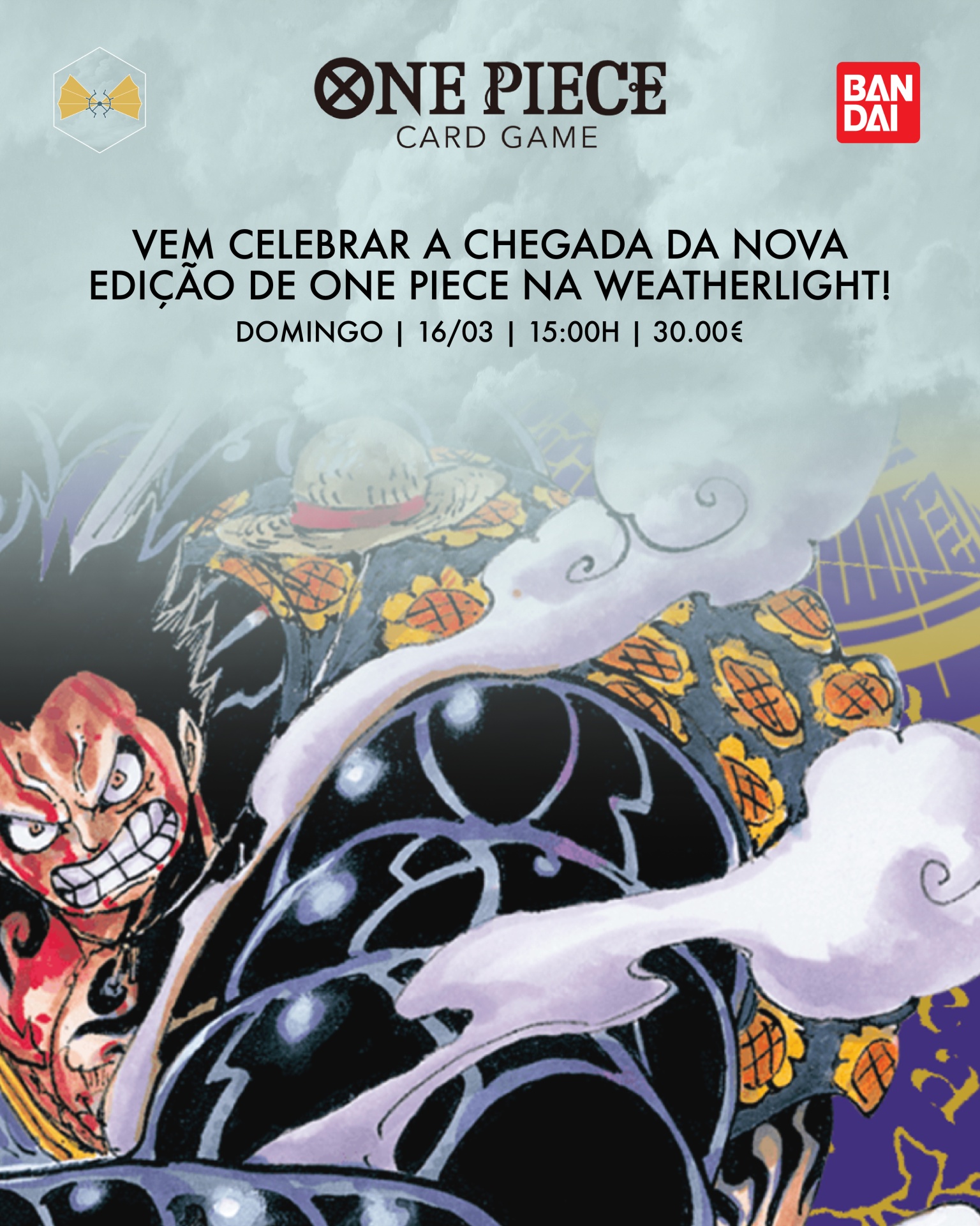 Cartaz promocional colorido do jogo de cartas ONE PIECE com texto em português e personagens do anime