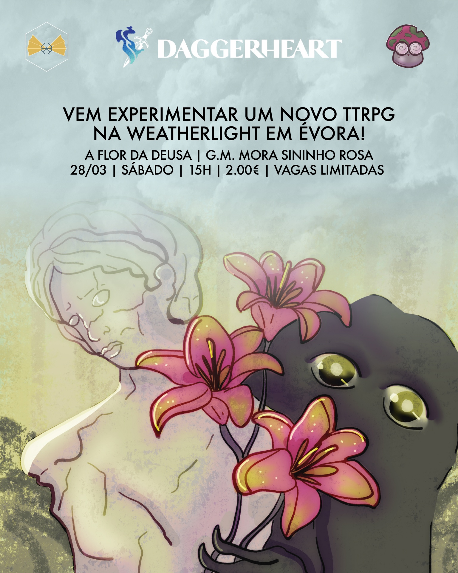 Cartaz de evento TTRPG DAGGERHEART com ilustração de estátua e personagem com flores cor-de-rosa
