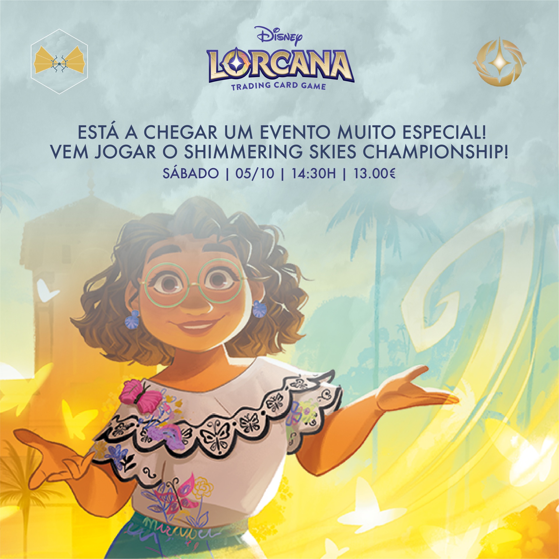 Promoção do jogo Disney Lorcana com personagem feminina em ilustração colorida e texto em português sobre evento especial.