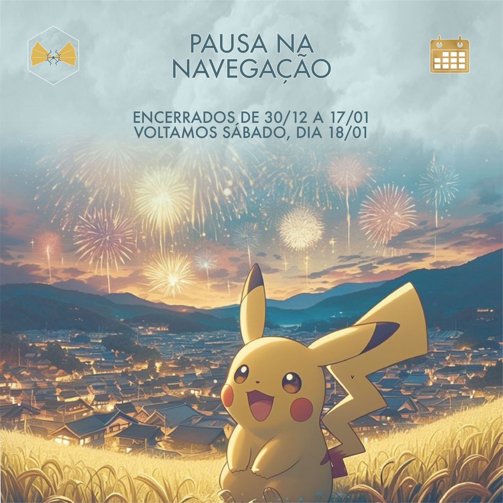 Pikachu amarelo sentado em campo de trigo com fogos de artifício e texto em português.