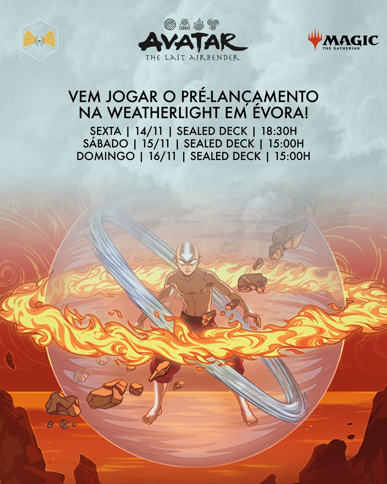 Promoção pré-lançamento Magic: The Gathering com ilustração de personagem de Avatar controlando fogo e ar.