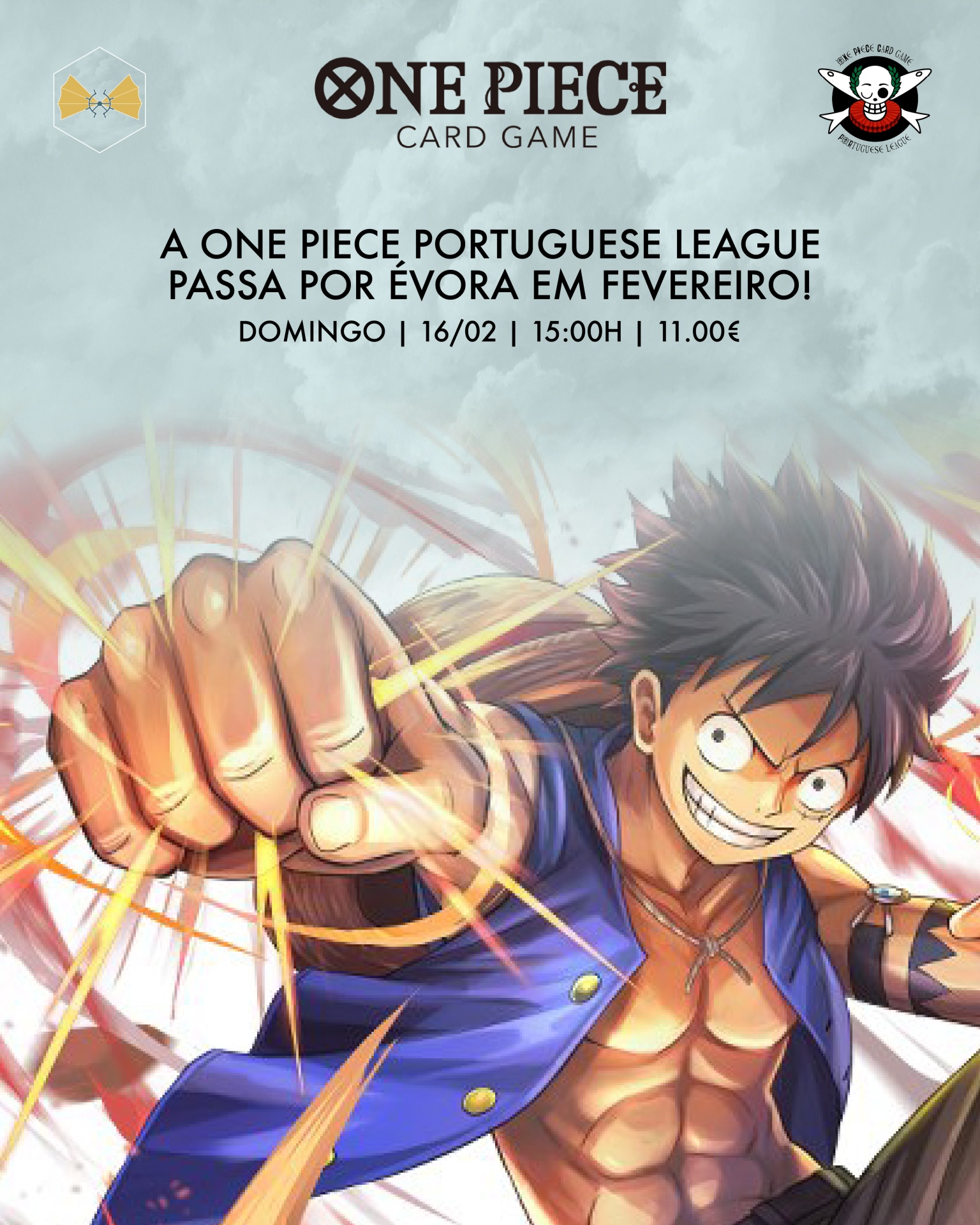 Cartaz do jogo de cartas ONE PIECE com personagem animado e evento em Évora