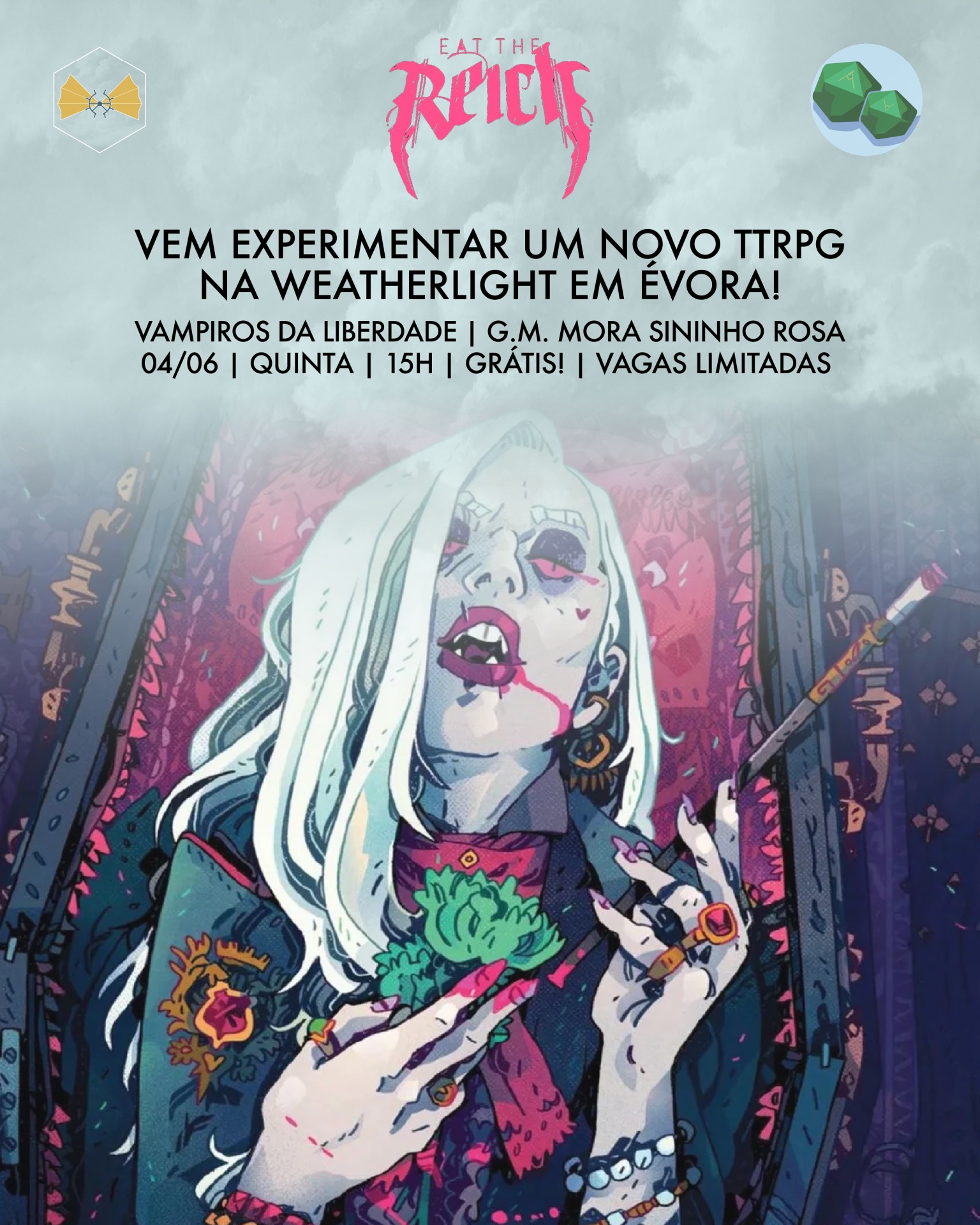 Cartaz de evento TTRPG VAMPIROS DA LIBERDADE com personagem vampira e texto sobre evento em Évora
