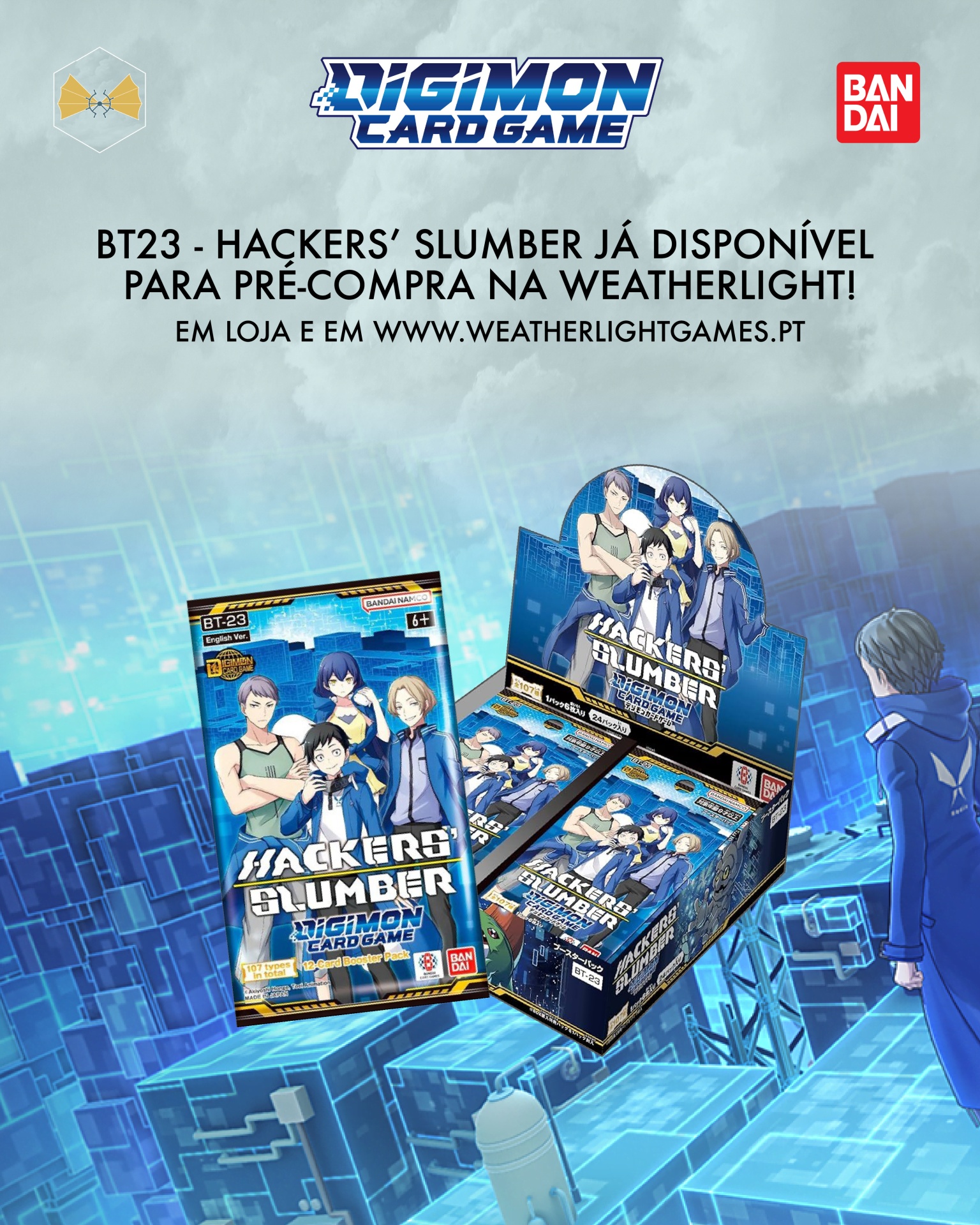 Jogo de cartas Digimon Hackers' Slumber com embalagens azuis e ilustrações de personagens de anime