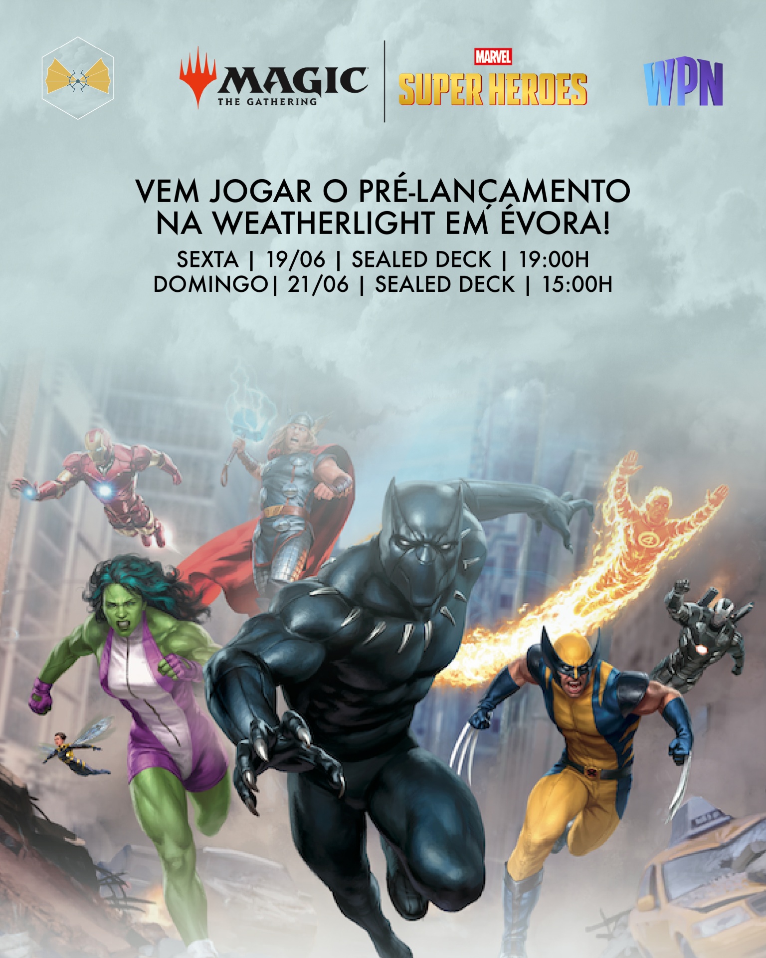 Cartaz dos personagens da Marvel no anúncio de jogo Magic The Gathering versus Marvel Super Heroes